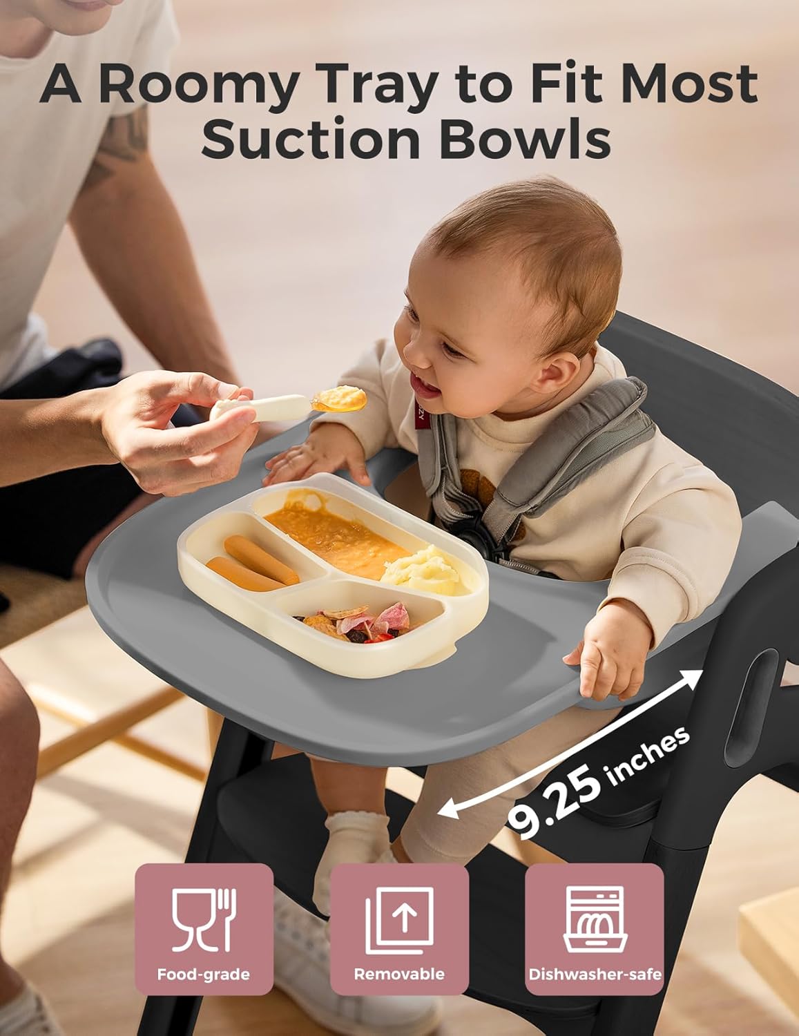 Momcozy DinerPal Wooden High Chair for Babies, Toddlers & Adults Up to 308 Lbs, Convertible Baby Highchair with Food-Grade Tray, Dishwasher-Safe, Adjustable & Ergonomic, Midnight Black