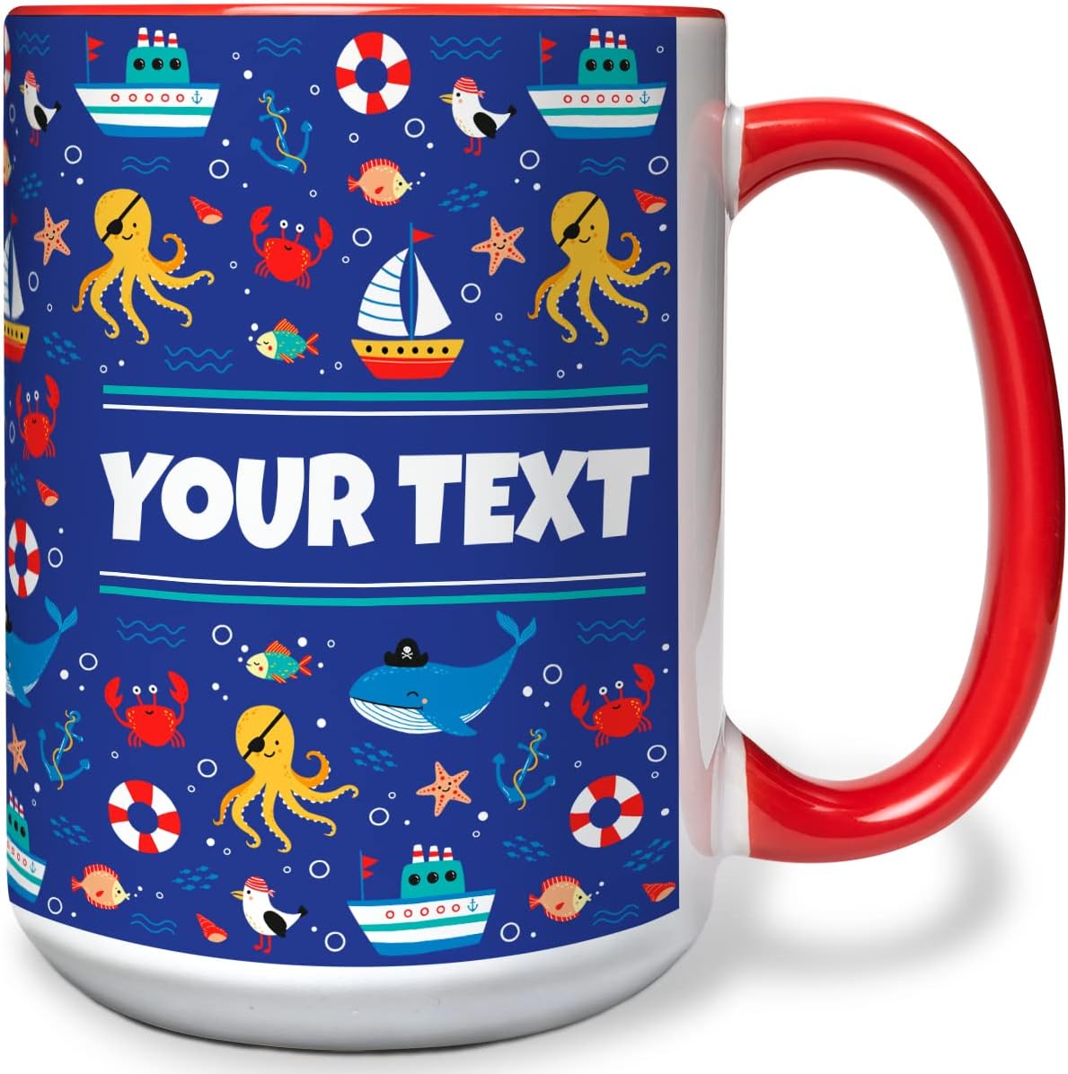 Personalized Mug for Kids - Nautical - Custom Name/Text, Ceramic Hot Chocolate/Cocoa/Coffee Cup for Boys/Girls, Birthday/Christmas/Holiday Gift - 15 oz, Red Handle
