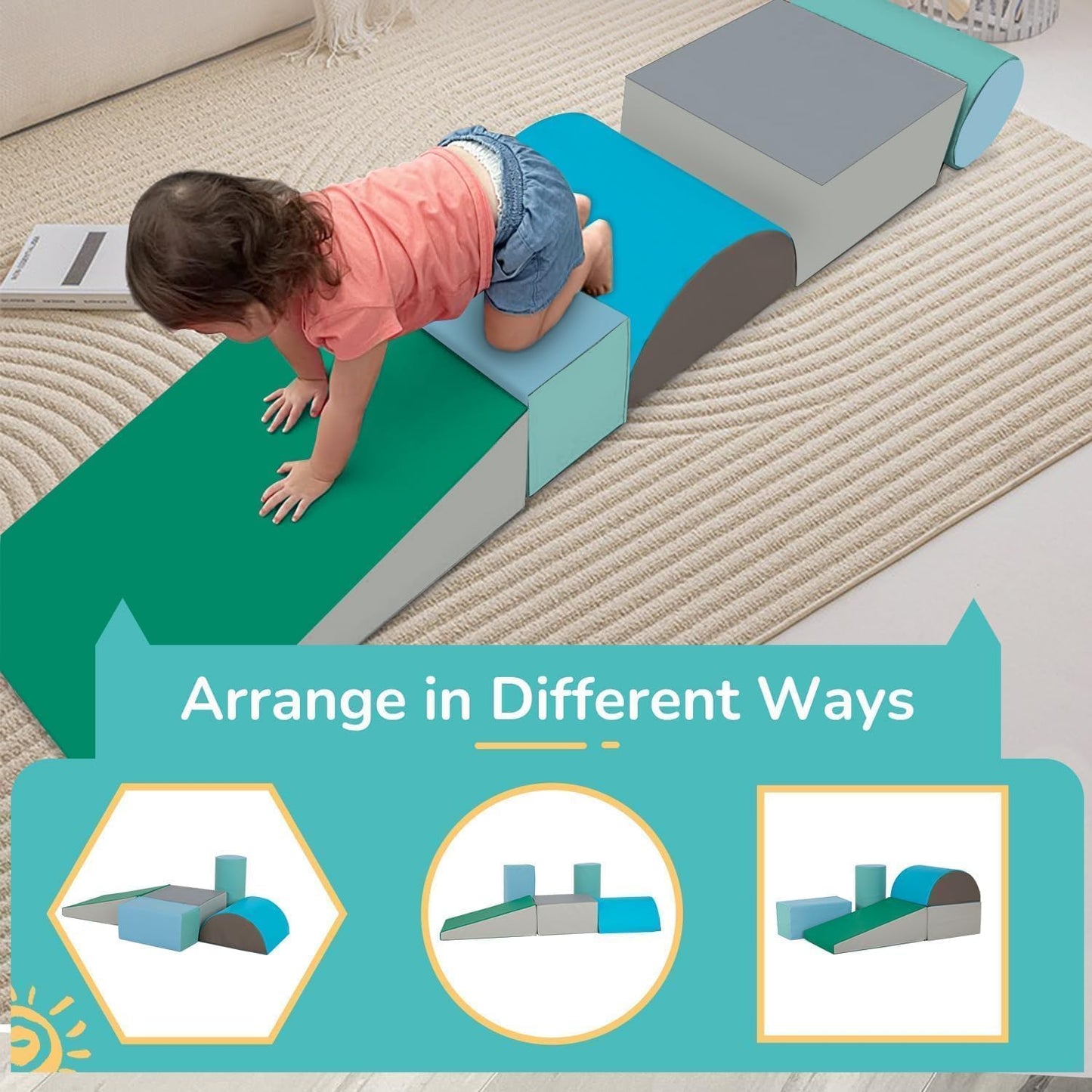 PayLessHere Climbing Toys for Toddlers 5 Piece Corner Foam Climbing Blocks Set with Soft Foam and Strong Structure for Babies 1-3 Crawling and Sliding Activity Play Indoor(Blue, 5 Piece)