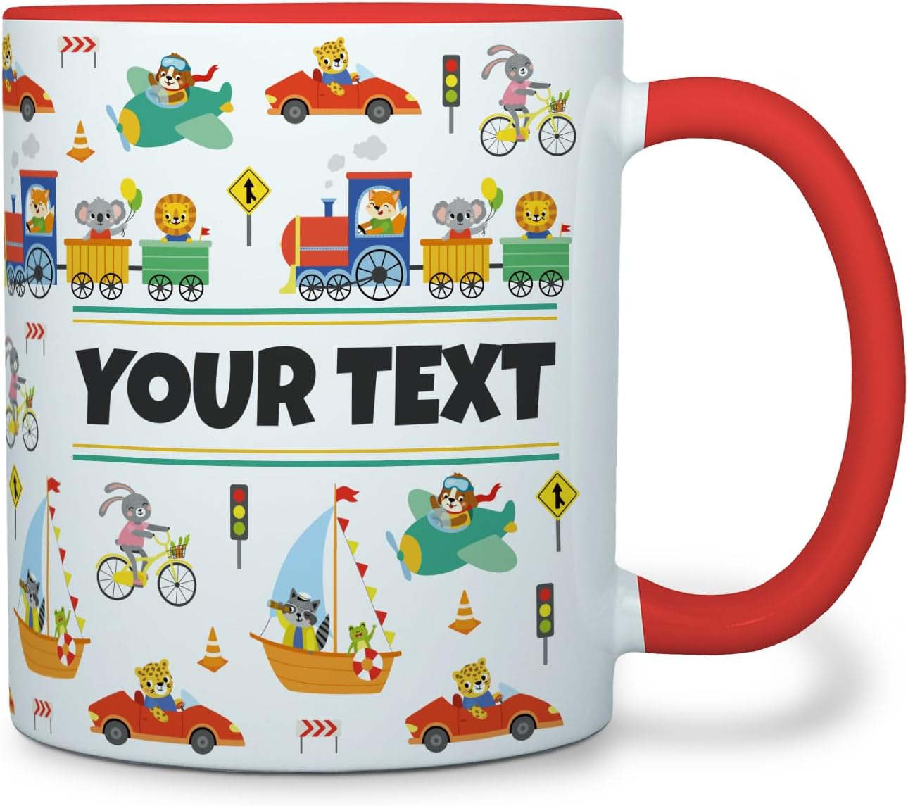 Personalized Mug for Kids - Vehicles - Custom Name/Text, Ceramic Hot Chocolate/Cocoa/Coffee Cup for Boys, Birthday/Christmas/Holiday Gift - 11 oz, Red Handle