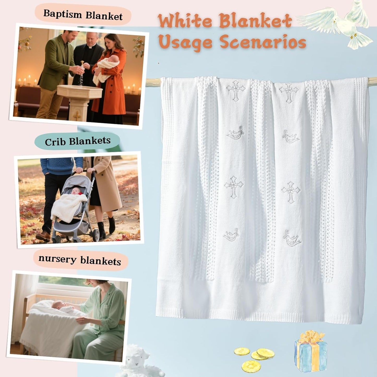 Booulfi Baby Blankets for Boys Girls Baby Receiving Blankets Silver Cross Dove of Peace Embroidery White Knitted Blanket Soft Crib Blanket Newborn Essentials Baptism Christening Gifts Size 39X34