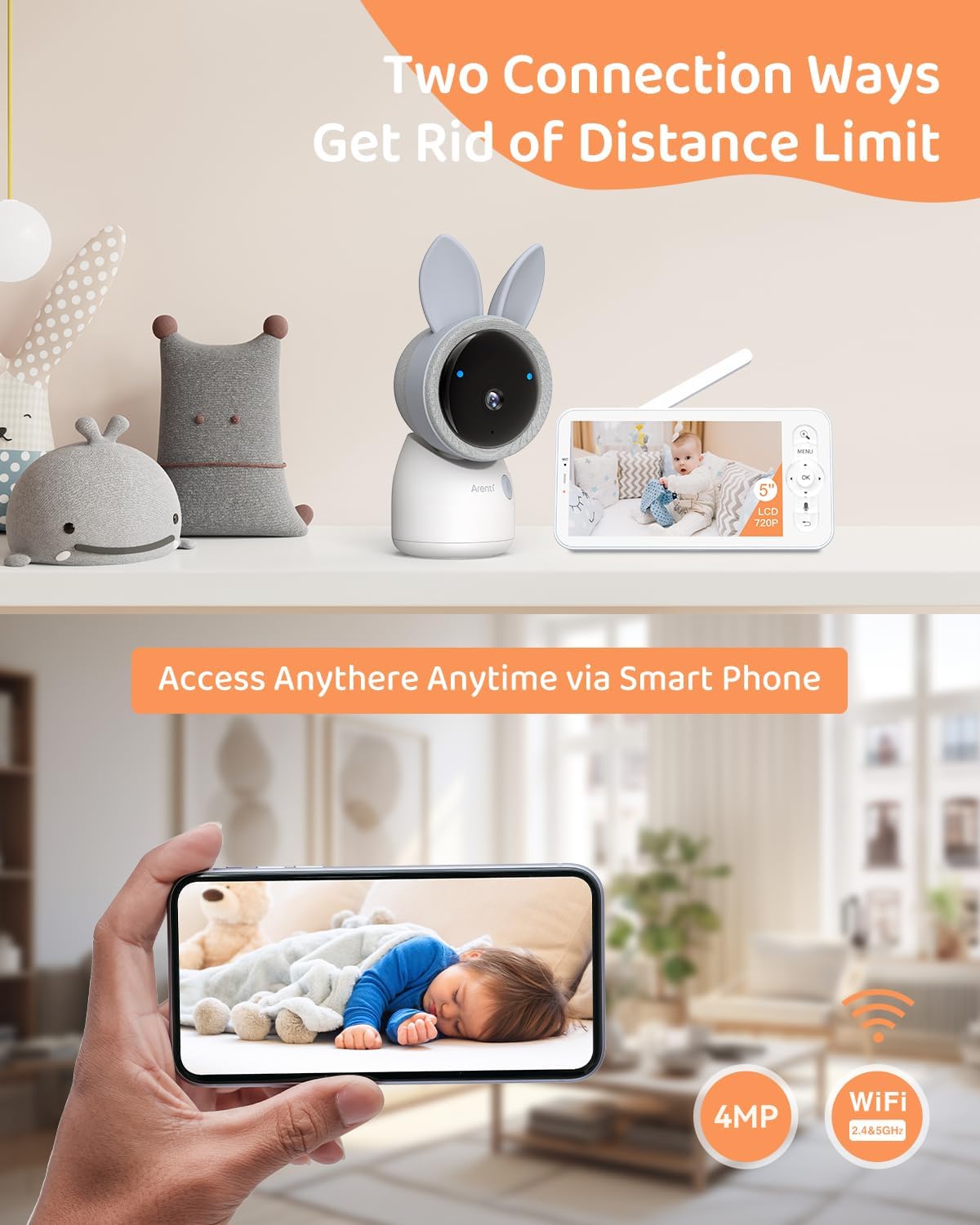 ARENTI 4MP 2.4G&5G WiFi Baby Monitor with 2 Cameras and Audio, Night Light, Auto Traking, Cry&Motion Detection, Temperature Sensor, App Control