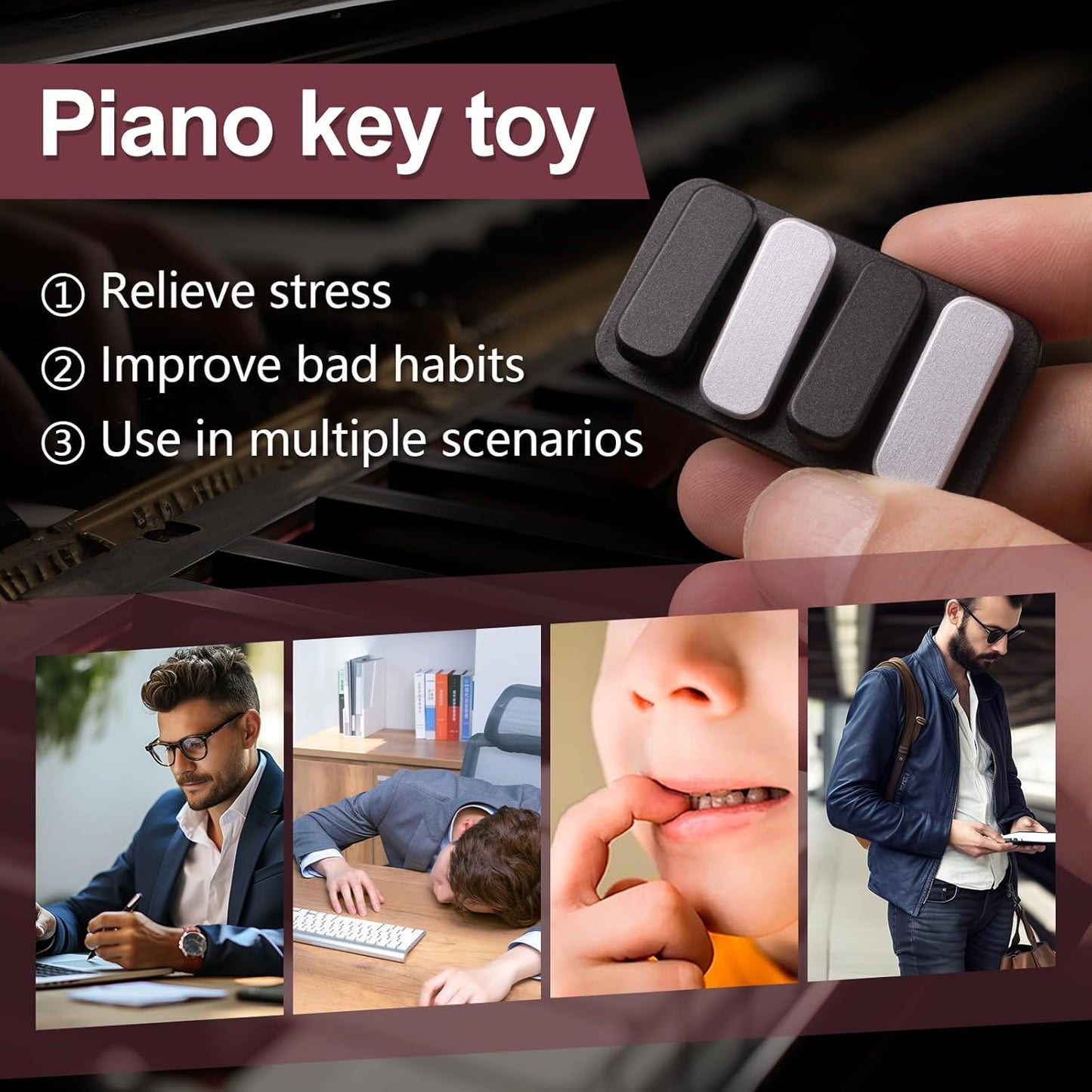 Piano Fidget Toys, Magnetic Metal Fidget Clicker EDC Fidget Slider for Adults, Help Stress Relief, Focused Concentration, Time Passing, ADHD Toys Exercise Fingers, Joints(Black Silver)