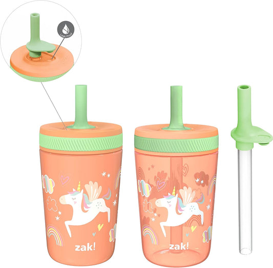 Zak Designs Unicorn Kelso Tumbler Set, Leak-Proof Screw-On Lid with Straw, Bundle for Kids Includes Plastic and Stainless Steel Cups with Bonus Sipper, 3pc Set, Non-BPA, 15 fl.oz.