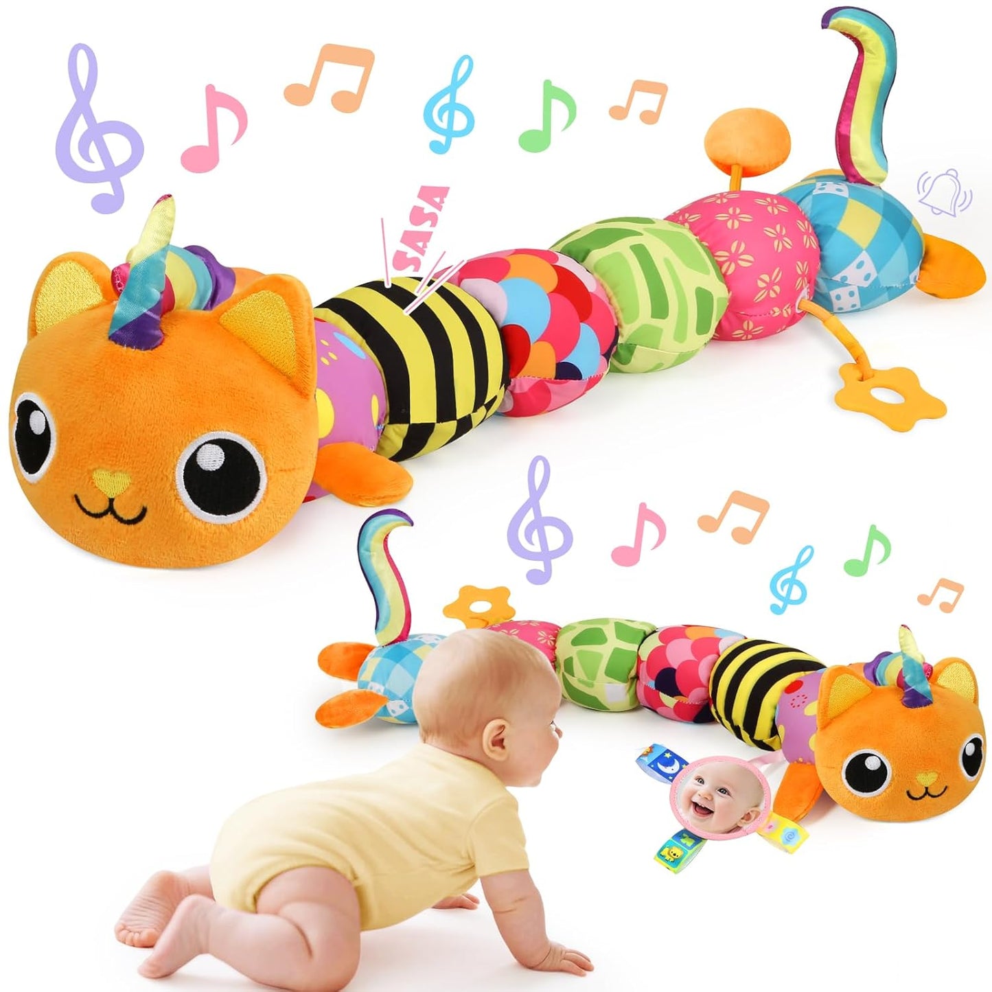 Baby Toys 0-6 6-12 Months, Sensory Musical Animal Stuffed Toy for Infant 0-3 3-6 Months, Tummy Time Toys with Mirror Crinkle Rattle, Plush Unicorn Cat Toy Gifts for 0 1 2 3 4 5 6+ Months Boys Girls