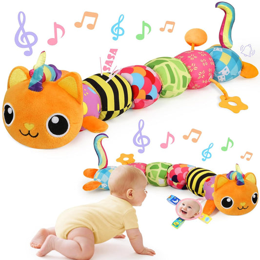 Baby Toys 0-6 6-12 Months, Sensory Musical Animal Stuffed Toy for Infant 0-3 3-6 Months, Tummy Time Toys with Mirror Crinkle Rattle, Plush Unicorn Cat Toy Gifts for 0 1 2 3 4 5 6+ Months Boys Girls