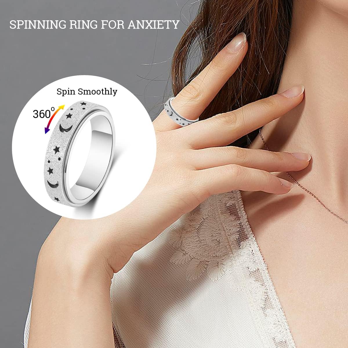 Anxiety Ring for Women Men, Titanium Stainless Steel Spinner Ring, 5 Colors, 6MM, Size 6-10, 3 Styles Anxiety Ring-Moon Star, Sandblasted Finished, Hollow Outer