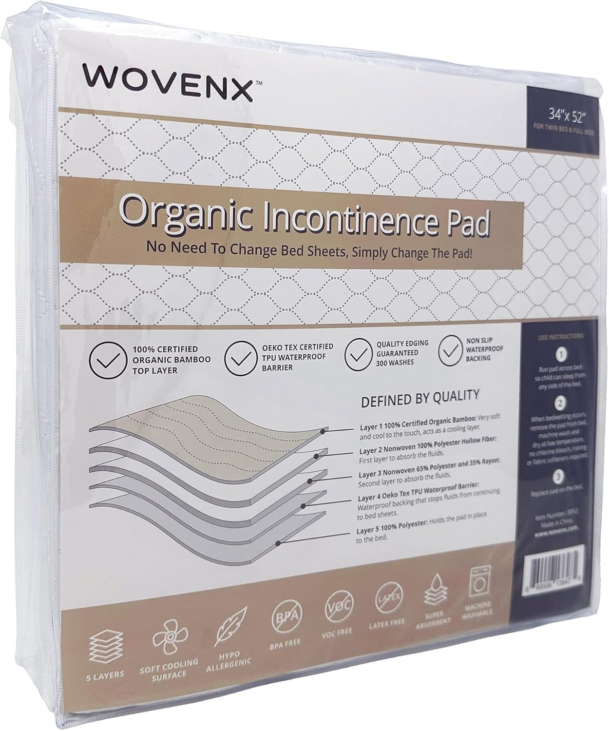 Organic Incontinence Pads for Kids & Toddlers - 5 Layer Waterproof Protectors for Overnight Bed Wetting - Reusable & Washable Pee Pads - Fits Twin to Full Size Beds - 34" x 52" White
