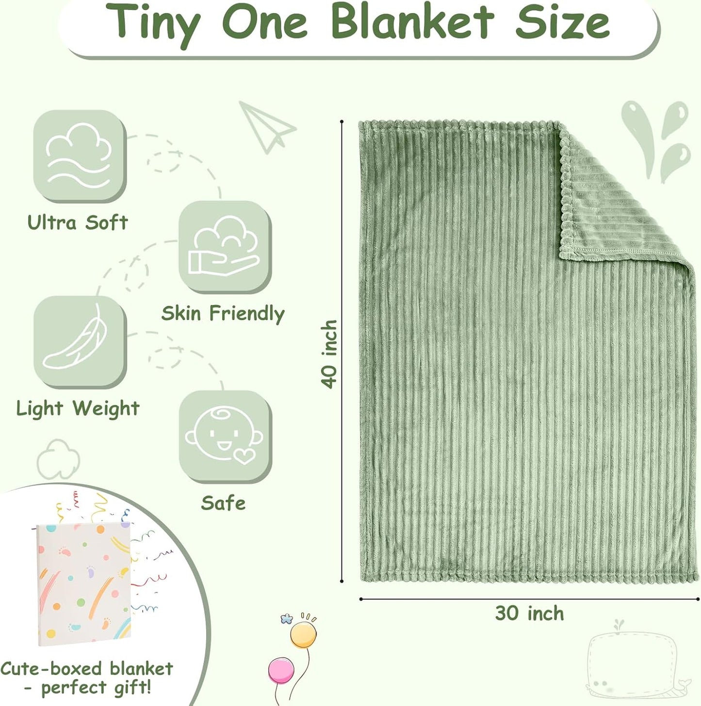 Soft Fleece Baby Blanket Ultra Cozy Green Baby Blankets for Boys Warm and Lightweight Infant Toddler Newborn Receiving Gift with Reversible Stripes for Crib Stroller, 30x40 Inch, Sage Green