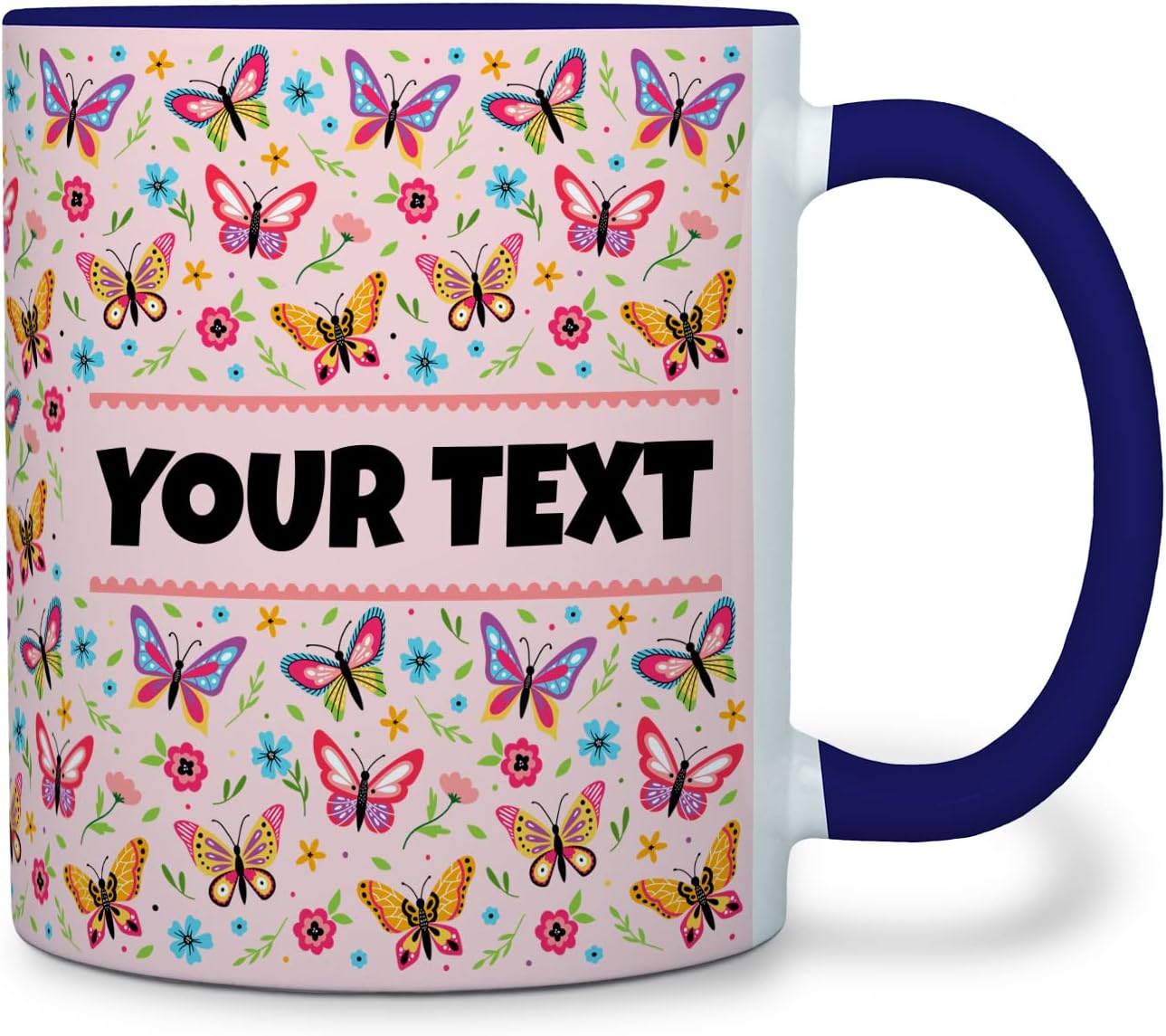 Personalized Mug for Kids - Butterflies - Custom Name/Text, Ceramic Hot Chocolate/Cocoa/Coffee Cup for Girls, Birthday/Christmas/Holiday Gift - 11 oz, Navy Blue Handle