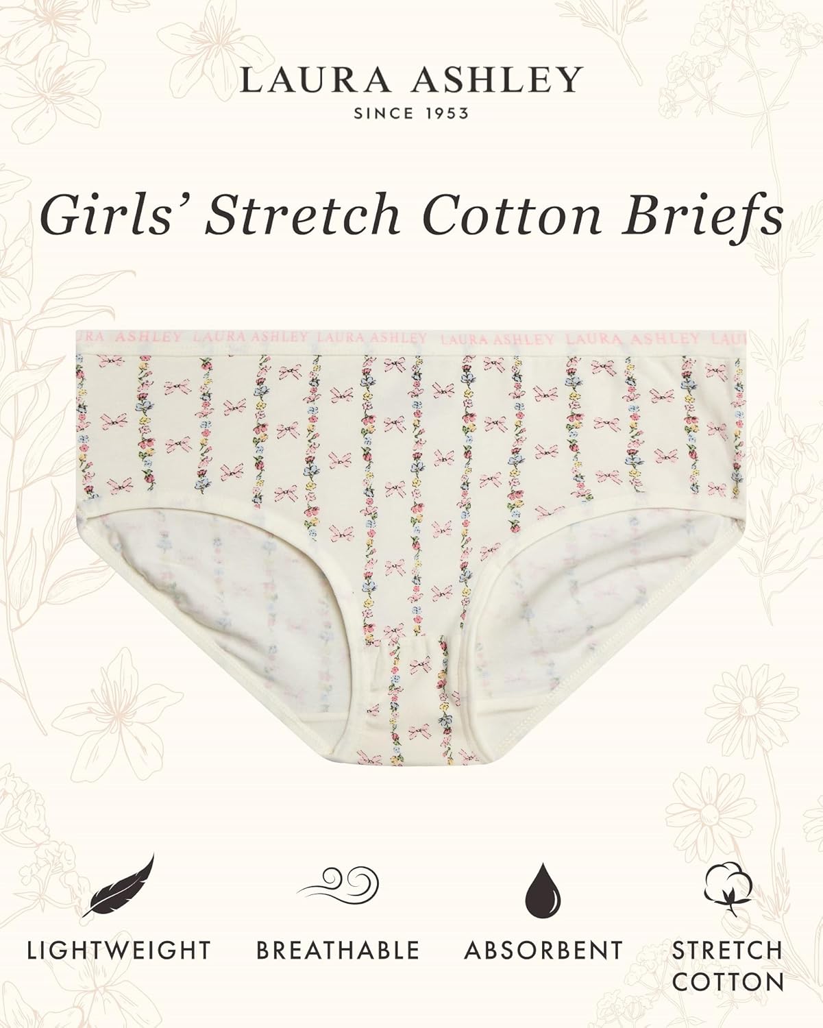 Laura Ashley Girls Underwear - 5 Pack Soft Stretch Breathable Panties for Girls - Lightweight Cotton Panties (Size: 4-12)