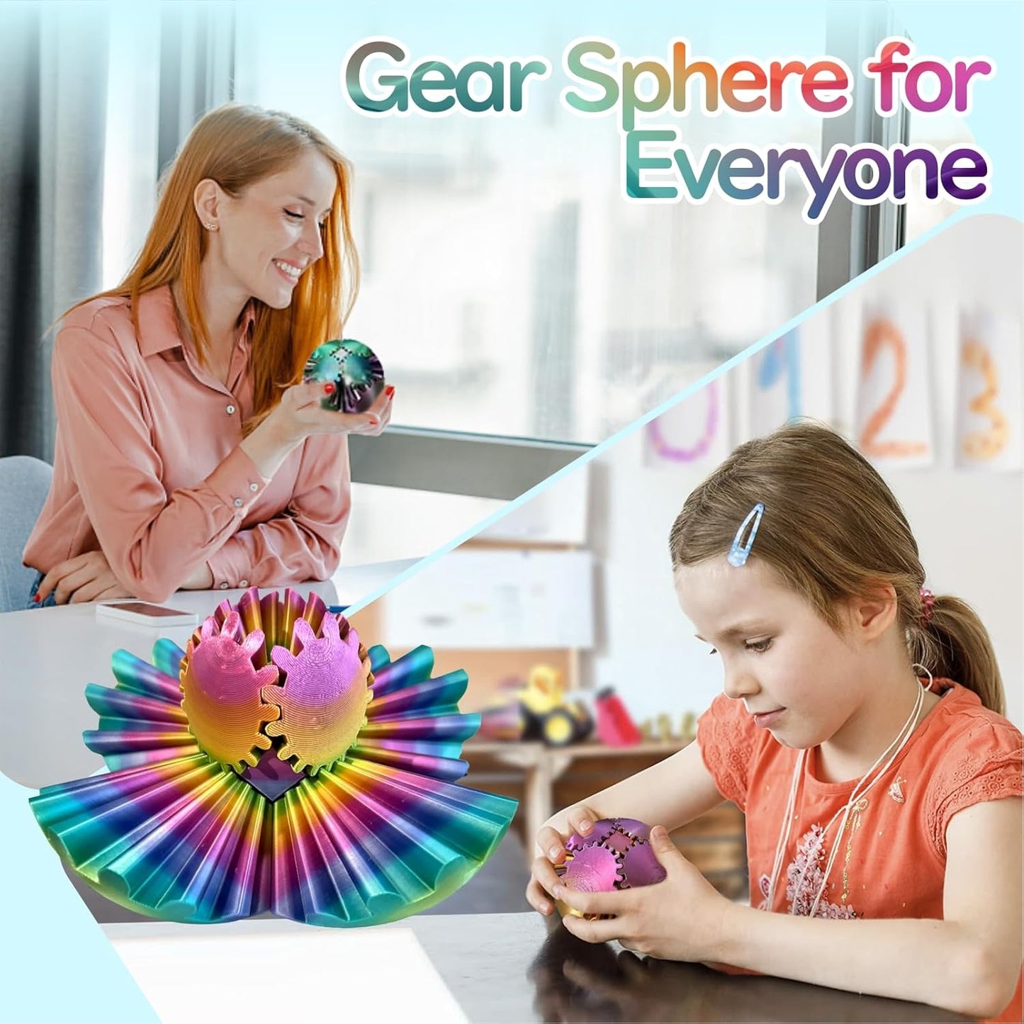 Gear Ball - GearSphere Fidget Toy, 3D Printed Gear Ball Spin Ball Cube Desk Toy, 2024 Gear Sphere Cube Puzzlefor Adults Kids, Stress and Anxiety Relaxing Fidget Toy (Iridescence)