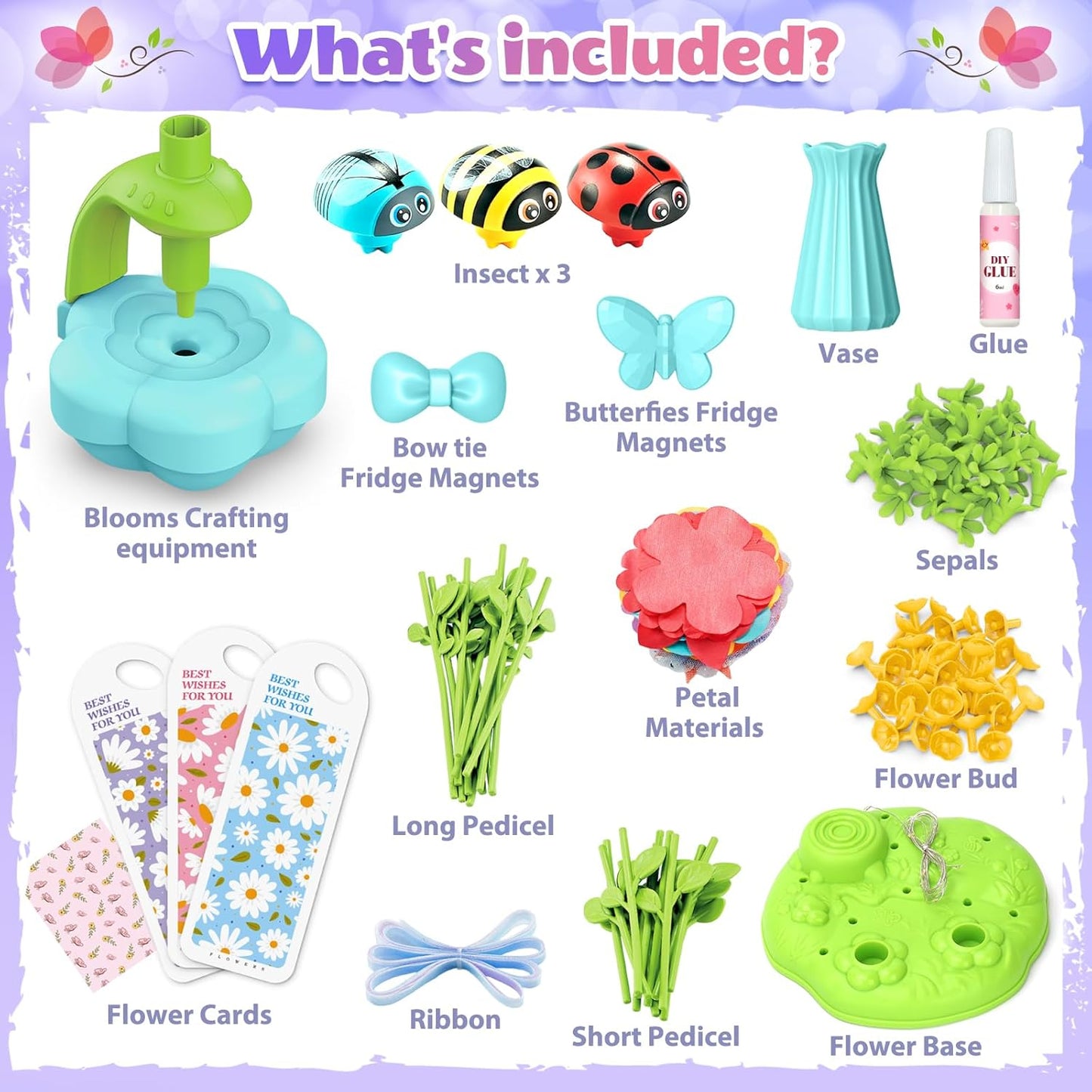 KLAPTOR Arts and Crafts for Kids Ages 4-6: Toys for Ages 5 6 7 8 9 – Birthday Gifts & Craft Set for Girl Age 3-9 - DIY 30+ Flower Bloom Maker with Music Light Base Vase Fridge Magnets Cards