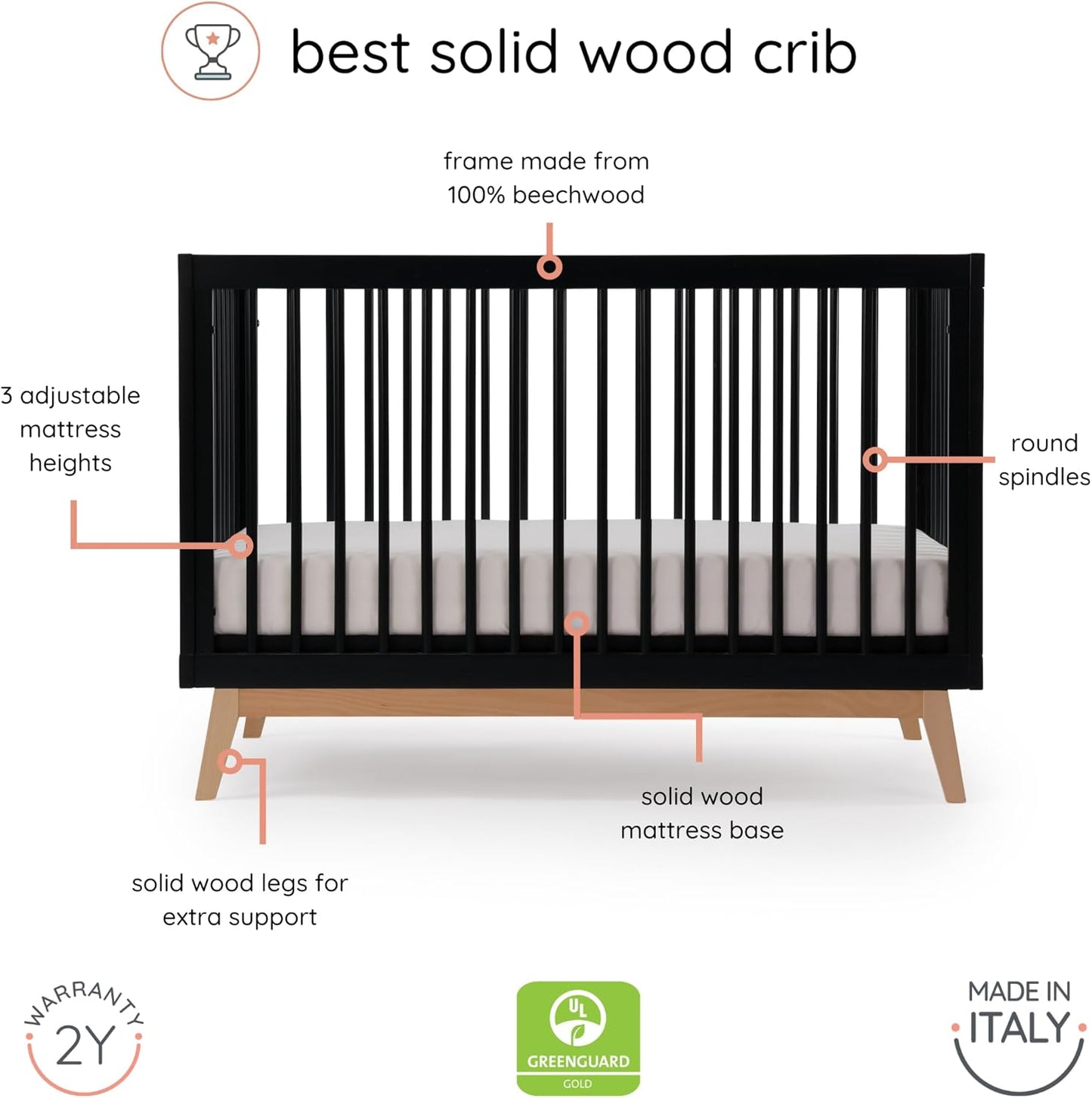 dadada Baby Soho 3-in-1 Convertible Wooden Crib to Toddler Bed - Made in Italy, GREENGUARD Gold Certified, Baby-Safe Finish, Sustainable Beech Wood, Modern Design, 3 Adjustable Heights (Black/Natural)