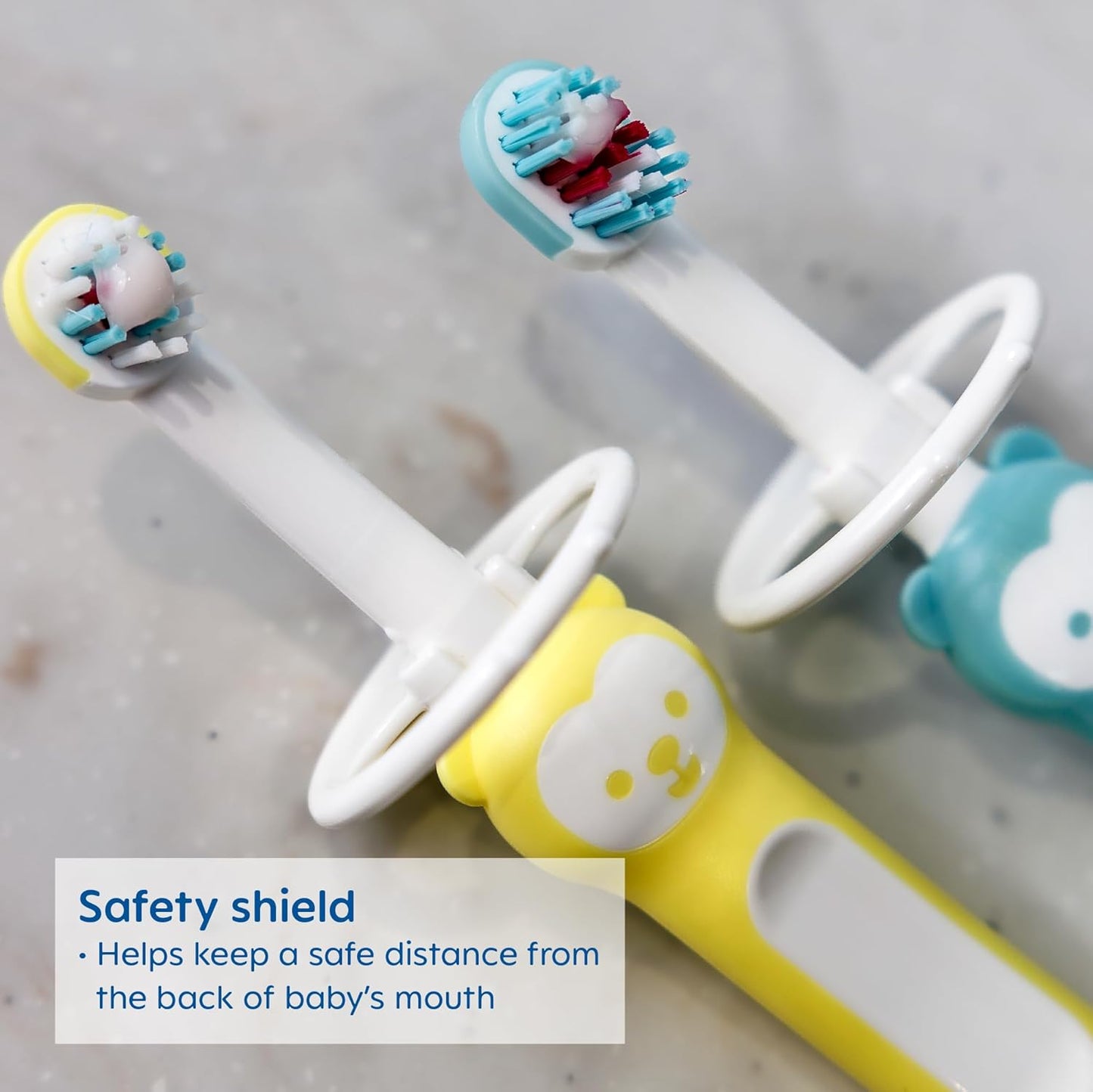 MAM Learn to Brush Set (1 Baby's Brush Toothbrush, 1 Training Brush, 1 Safety Shield), Baby Toothbrushes with Brushy The Bear, Interactive App, for Girls 5+ Months, Blue