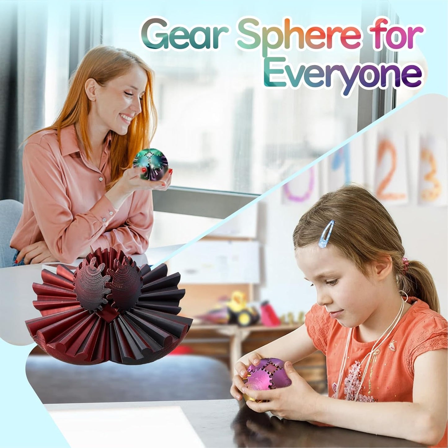 3D Printed Gear Ball Spin Ball Cube Fidget Toy, 2024 3D Printed Gear Sphere Cube Puzzle Birthday Gift, Stress and Anxiety Relaxing Fidget Toy, GearSphere Desk Toy (Black-red)