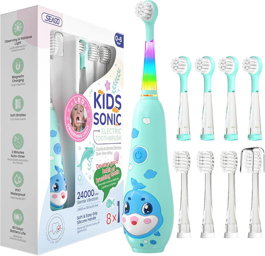 SEAGO Kids Electric Toothbrushes Rechargeable, Toddler Electric Toothbrush with Magnetic Charging, LED Observing Light, 8 Toothbrush Heads for Ages 2-4 -6 Boys Girls (Blue)