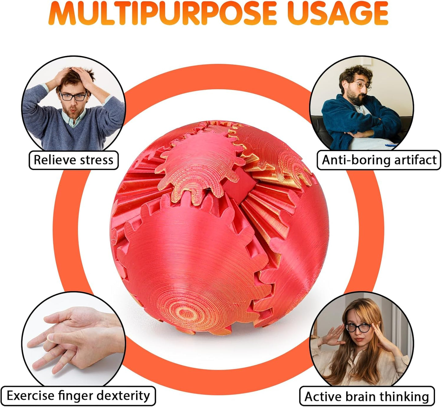 Gear Ball Fidget Toy - 3D Printed Stress Relief Spinner, Educational and Fun Gift for Kids & Adults, Durable & Eco-Friendly, Ideal for Birthday (Orang Red)