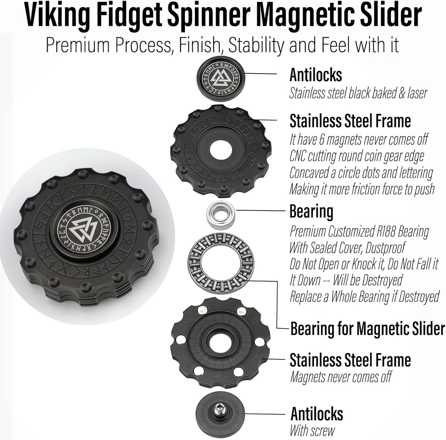 FREELOVE Metal Fidget Spinner Magnetic Slider, Viking Pirate Spinning Haptic Clicker, Heavy Stainless Steel Spin Clicky, Small Round Gear Click Gyro, Premium Silent Bearing, Adults Anxiety Cool, Black