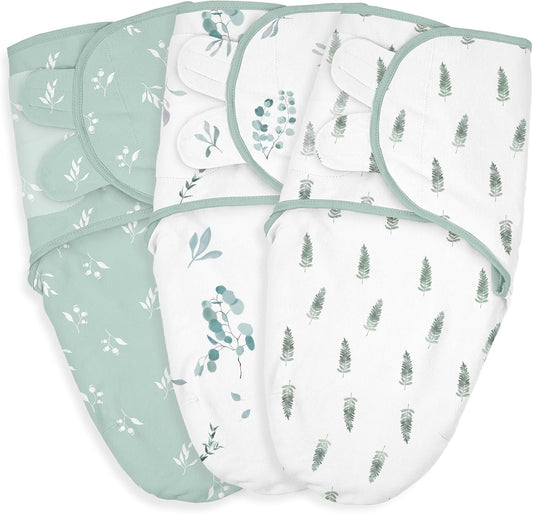 Baby Swaddle Sacks, 3-Pack Newborn Organic Cotton Swaddle Wrap, Adjustable Swaddling Blankets, Nursery Swaddling Essentials for Newborn 0-3 Months, Infant Shower Items Gift (Leaves & Trees)