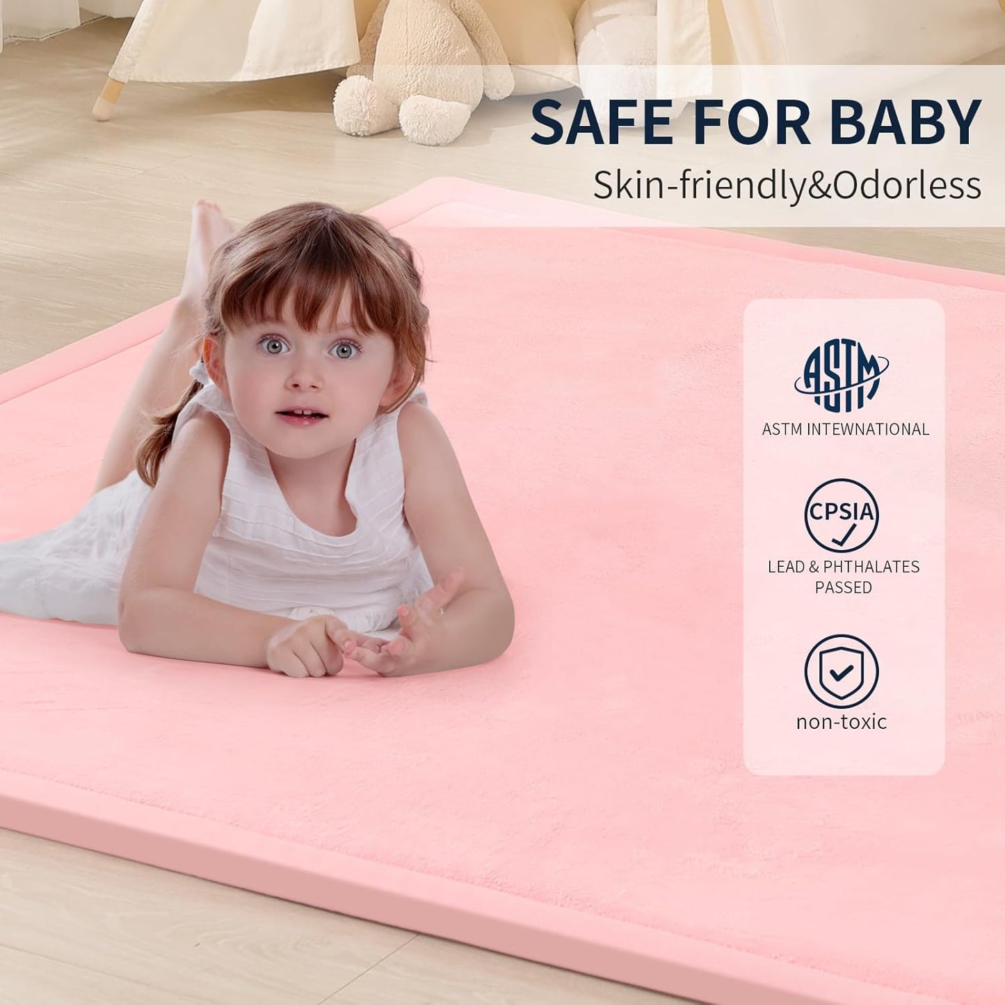 ACOMOPACK Baby Play Mat for Floor 1.3" Thick Memory Foam Play Mats 71"×79" Tummy Time Crawling with Non-Slip Bottom for Living Room,Nursery,Soft Velvet Playpen for Kids,Infants（Pink）