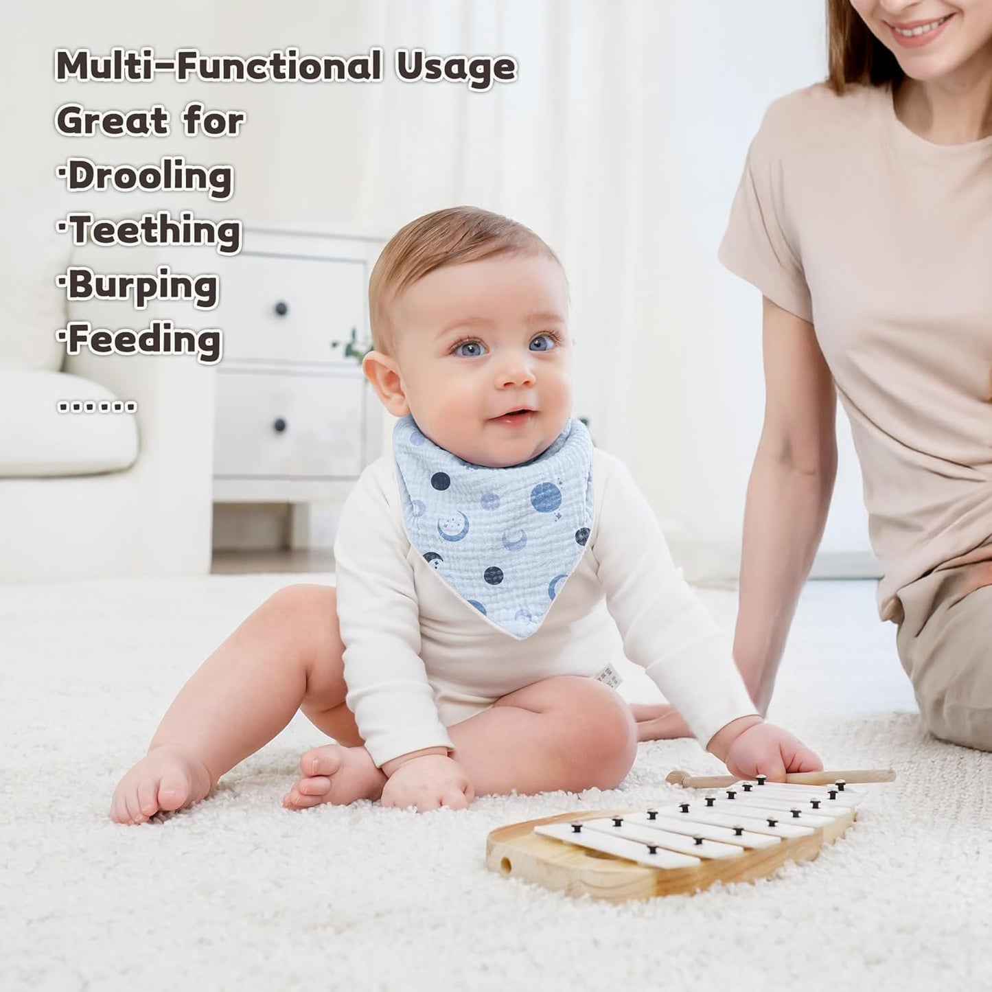 Susurration Muslin Baby Bibs 10Pack Bandana Drool Bibs Soft Adjustable Newborn for Unisex Girls & Boys (Blue Print)