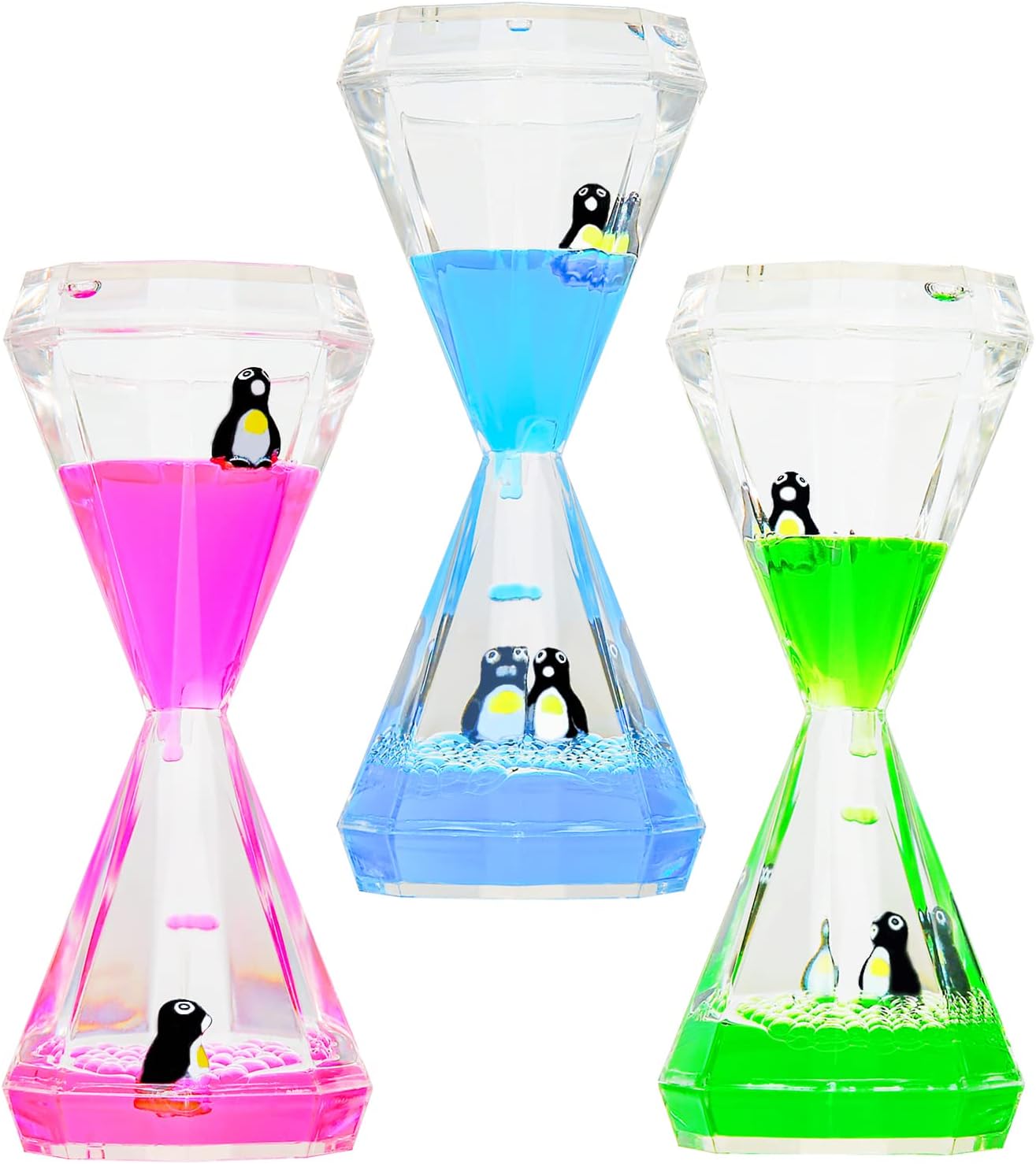 Liquid Motion Bubbler,3 Pack Diamond Shaped Penguin Liquid Timer for Sensory Play,Fidget Toy Stress Management for Kids and Adults,Colorful Calming Relaxing Hourglass