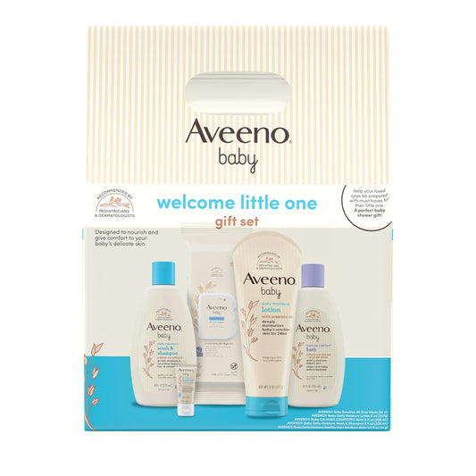 Aveeno Baby Welcome Little One Gift Set, Baby Skincare Set with Nourishing Baby Body Wash & Shampoo, Calming Bath Wash, All Over Baby Wipes, Daily Moisturizing Lotion, & Baby Balm, 5 Items