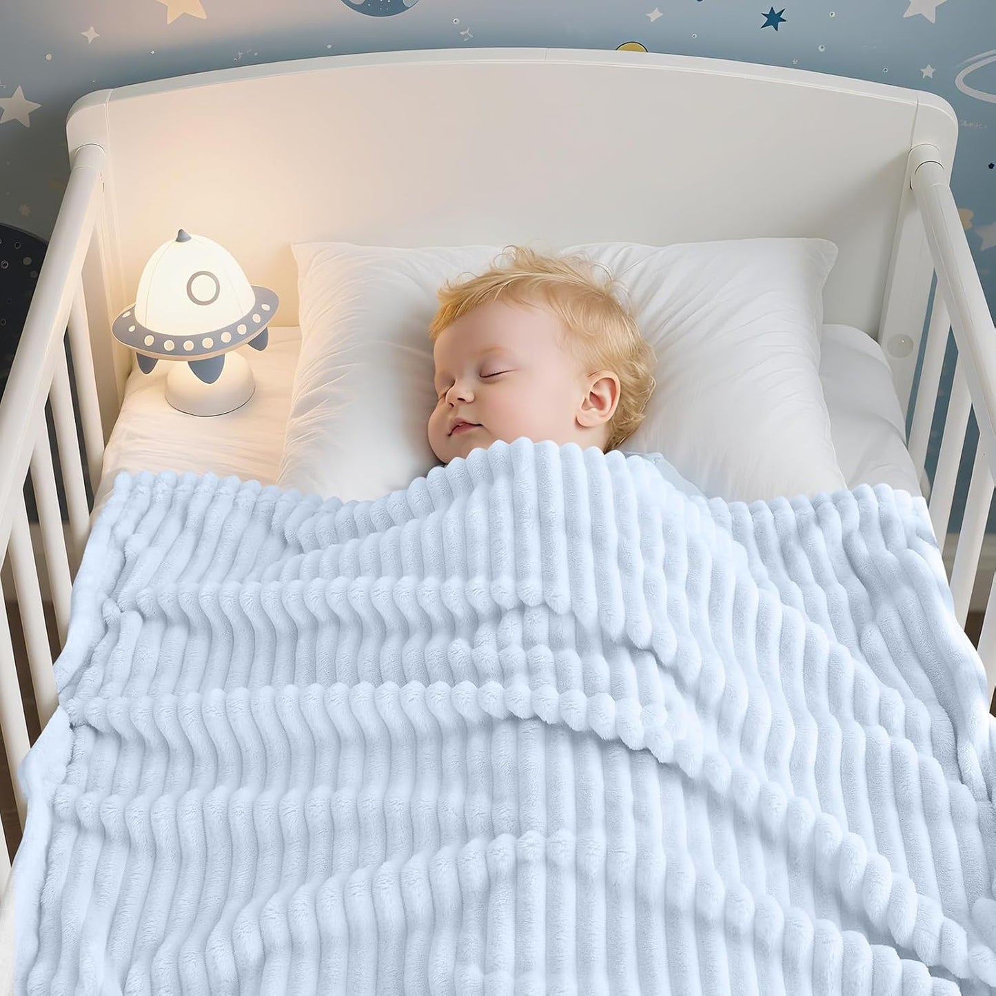 Soft Fleece Baby Blanket Ultra Cozy Blue Baby Blankets for Boys Warm and Lightweight Infant Toddler Newborn Receiving Gift with Reversible Stripes for Crib Stroller, 30x40 Inch, Light Blue