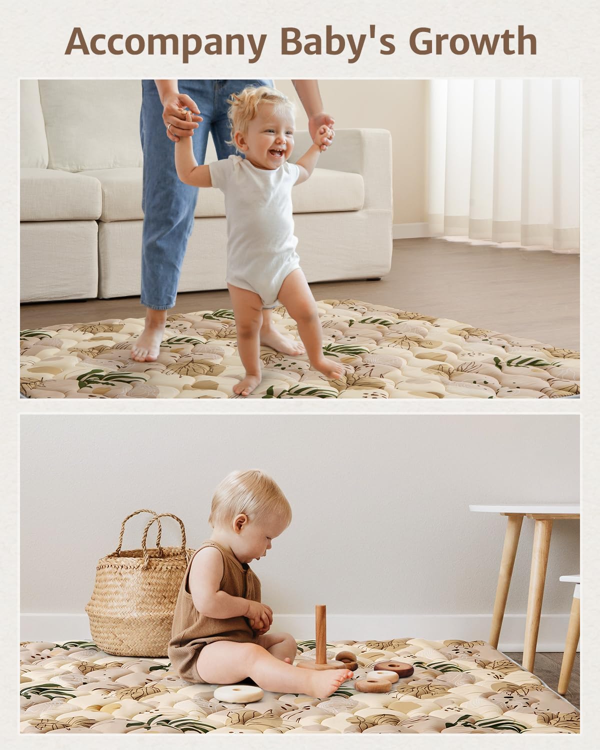 Blissful Diary Portable Baby Play Mats for Floor, Thicken Cushioned Foldable Baby Crawling Mat for Indoor Outdoor, Non-Slip & Washable Kids Playmat for Tummy Time Activity, Earth Tones 43" X 43"