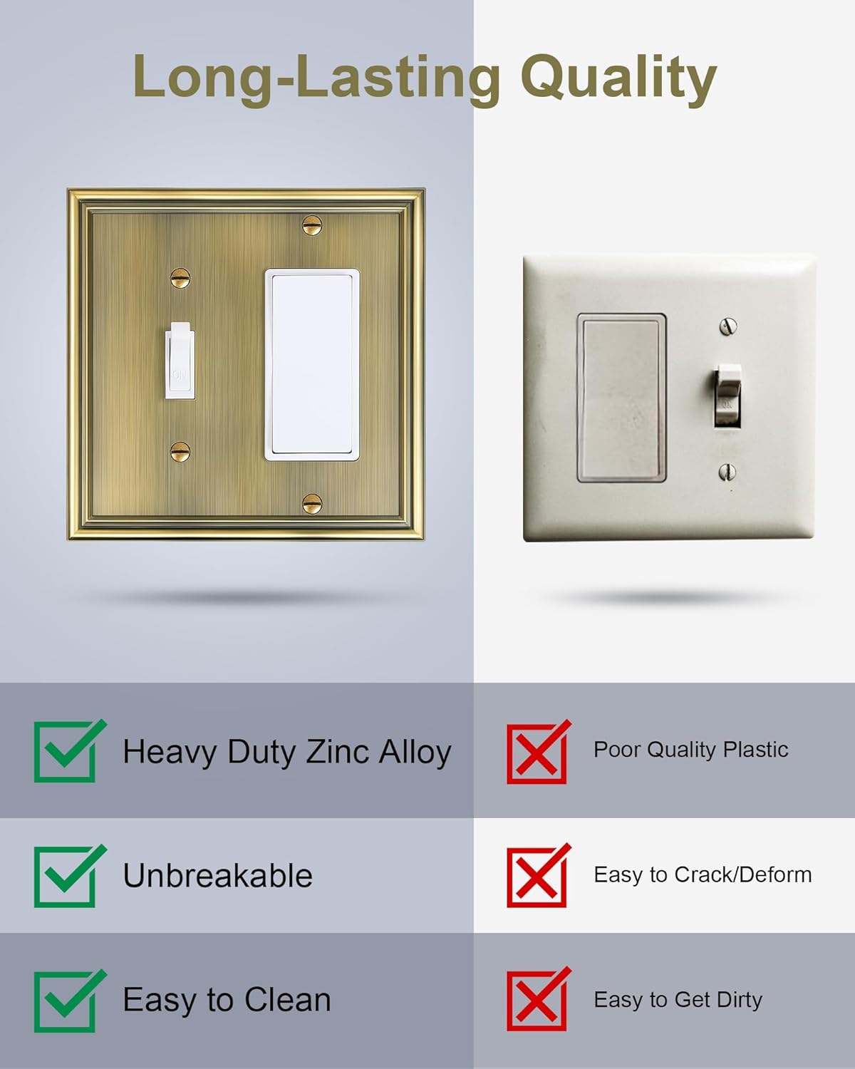 2-Pack Combo Toggle/Decorator Light Switch Cover Plate, Antique Brass Decorative Electrical Outlet Covers, Durable Solid Zinc Alloy Wall Switch Plates and Outlet Covers