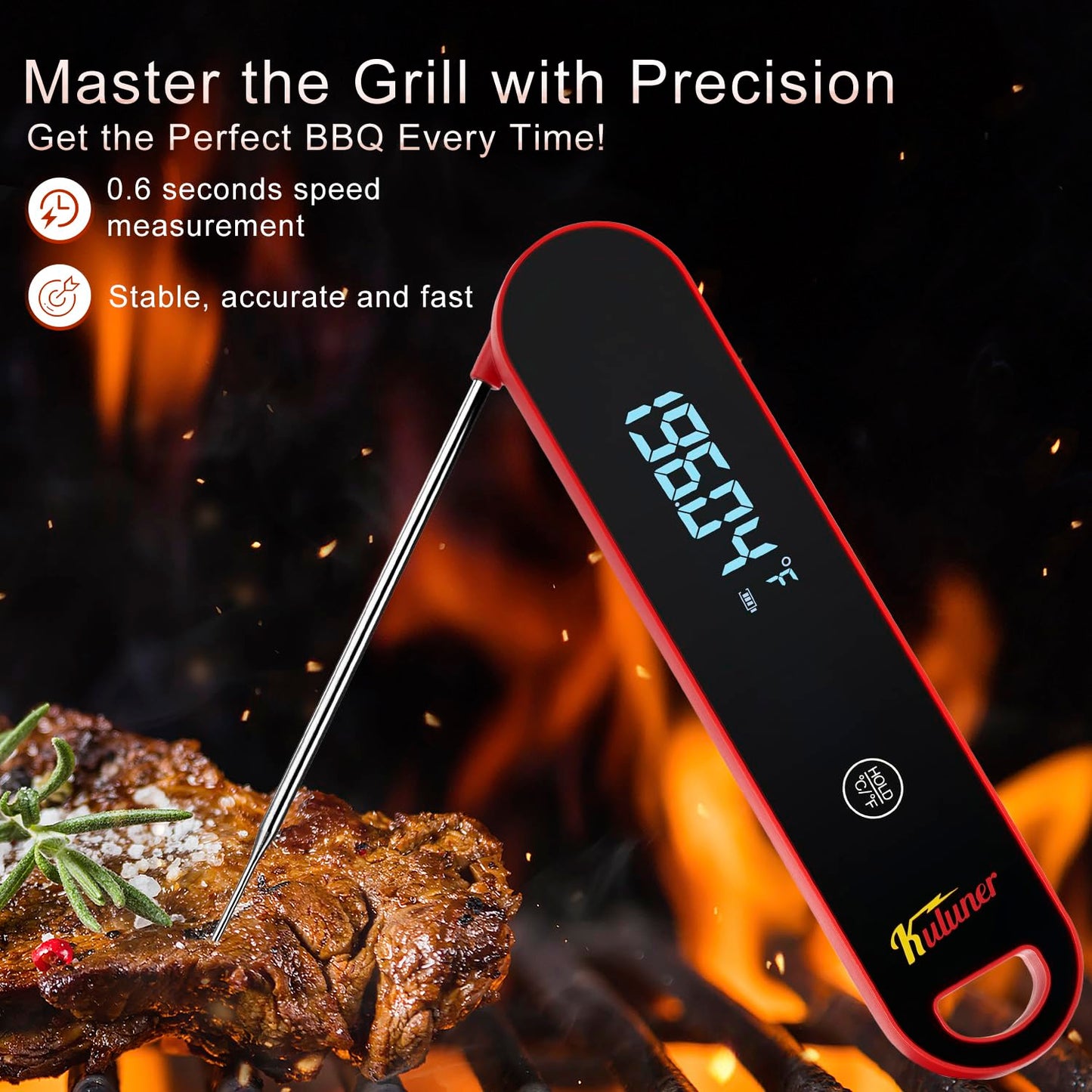 The Latest Thermocouple Instant Reading Meat Thermometer Digital,Faster Less Than 0.6 Second Response,IP67 Waterproof Thermometer Suitable for Grilling, Cooking,BBQ Gifts for Men (Red)