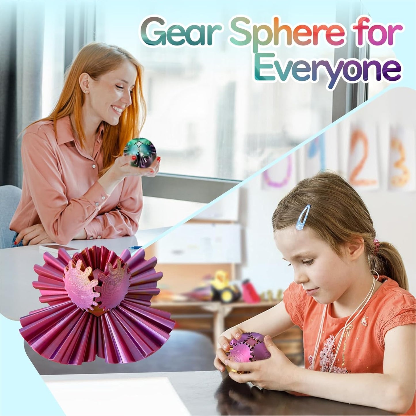 Gear Ball - GearSphere Fidget Toy, 3D Printed Gear Ball Spin Ball Cube Desk Toy, 2024 Gear Sphere Cube Puzzlefor Adults Kids, Stress and Anxiety Relaxing Fidget Toy (Red-Gold-Purple)