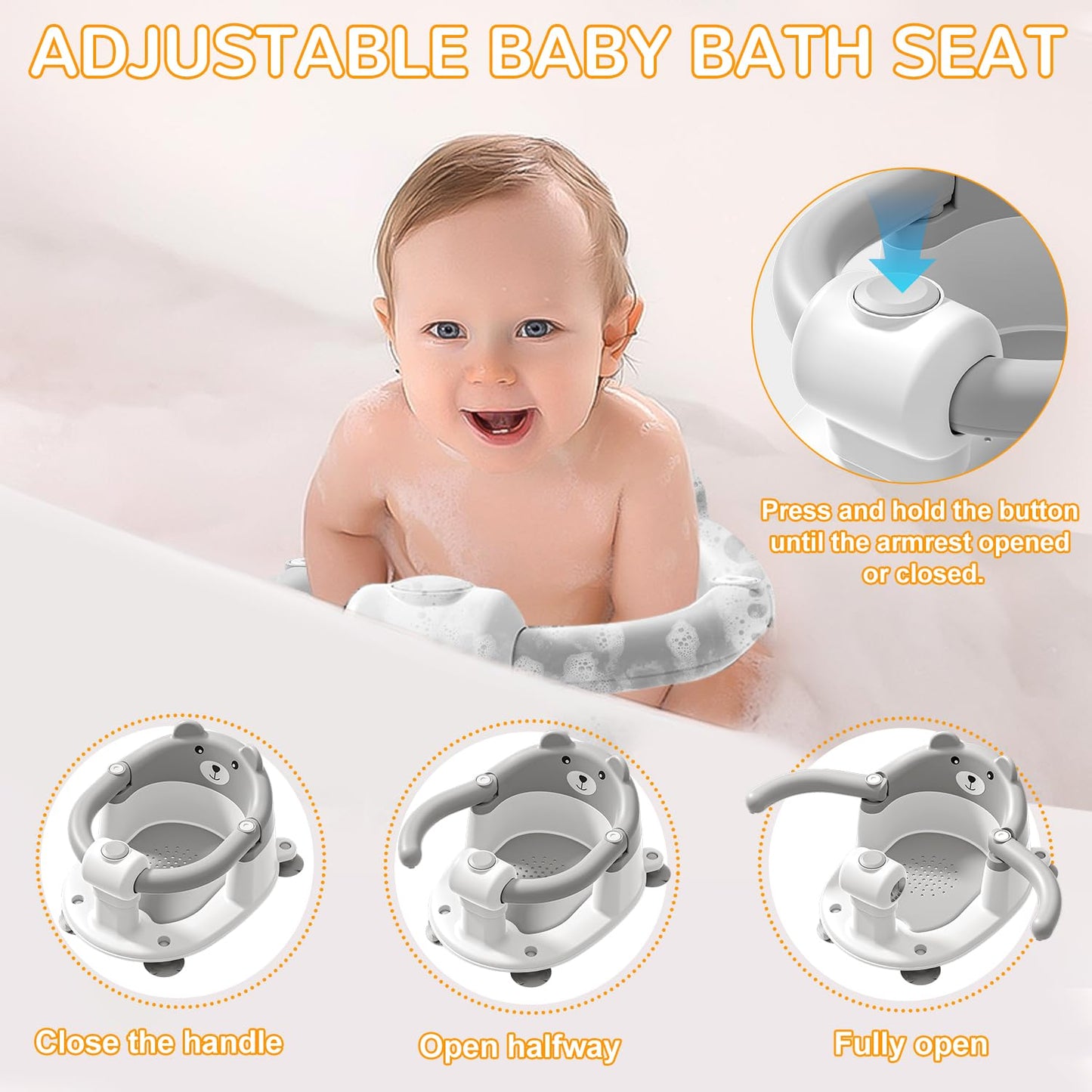 Baby Bath Seat for Babies 6 Months & up, Non-Slip Toddler Bath Seats for Babies Sitting Up, Safe Infant & Newborn Bathtub Chair with 4 Suction Cups & Soft Cushion for Shower,Gray