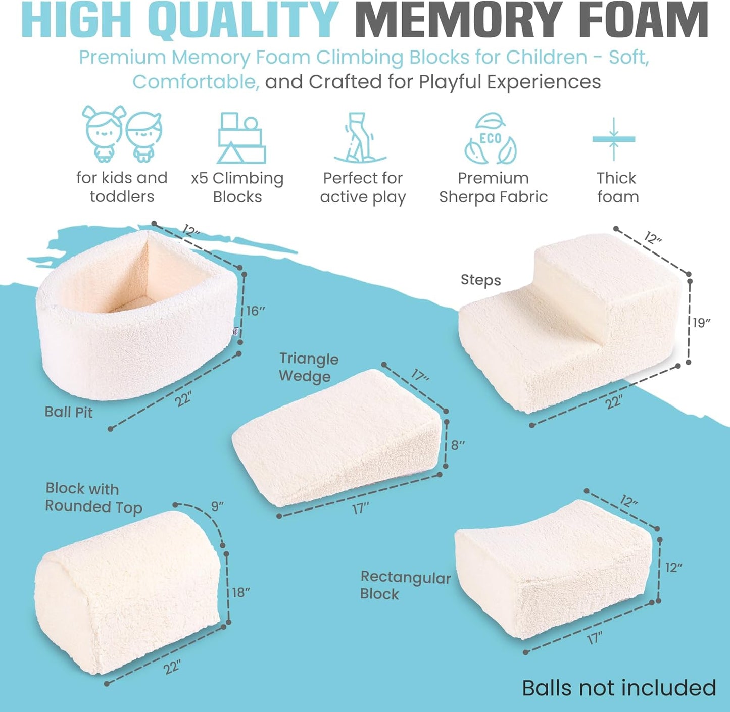 Foam Climbing Blocks - Climbing Toys for Toddlers 1-3 Inside - Soft Play Set for Babies - Indoor Activity Soft Playset for Baby 6-12 Months - Sherpa Fabric - 5 PCS - Balls NOT Included