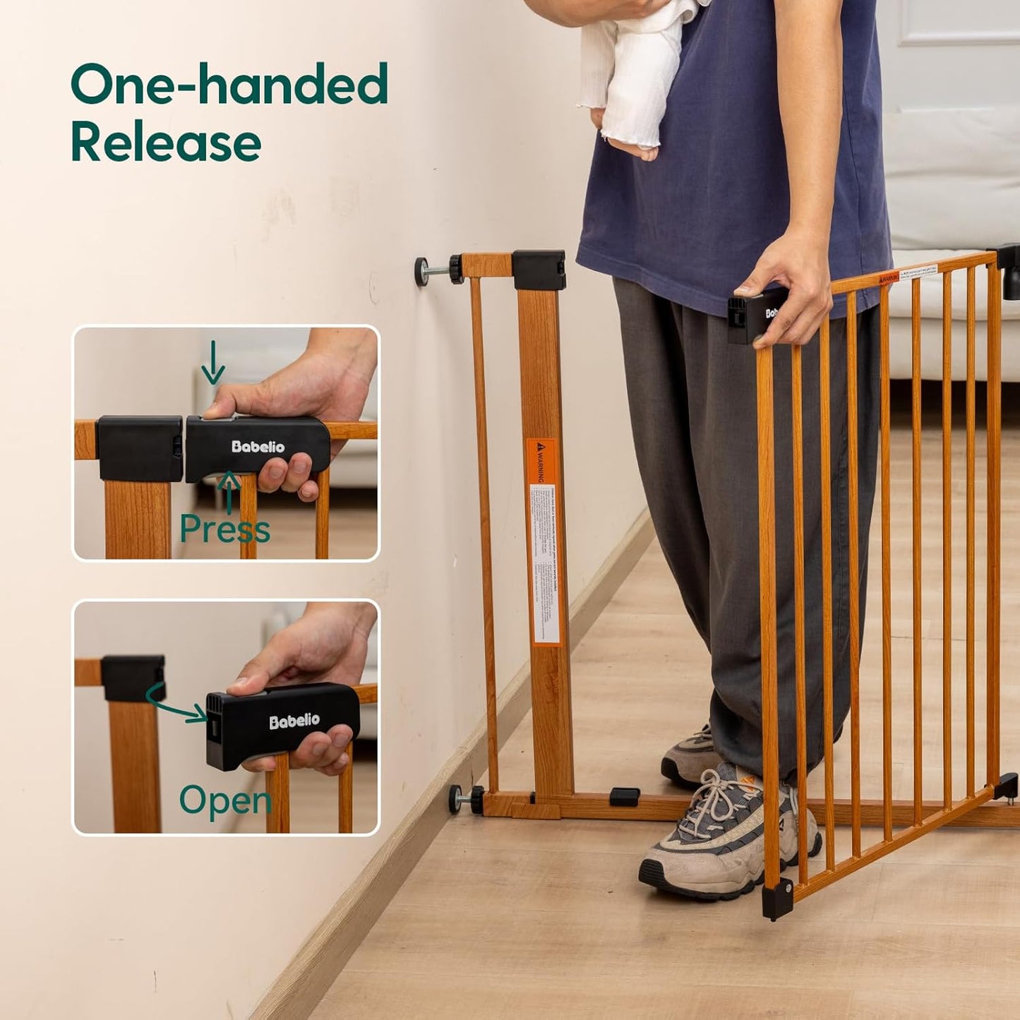 BABELIO 29-40" Metal Baby Gate with Wood Pattern, Auto Close Dog/Pet Door for The House、Stairs and Doorways, Pressure Mounted Barrierr, NO Tools Needed