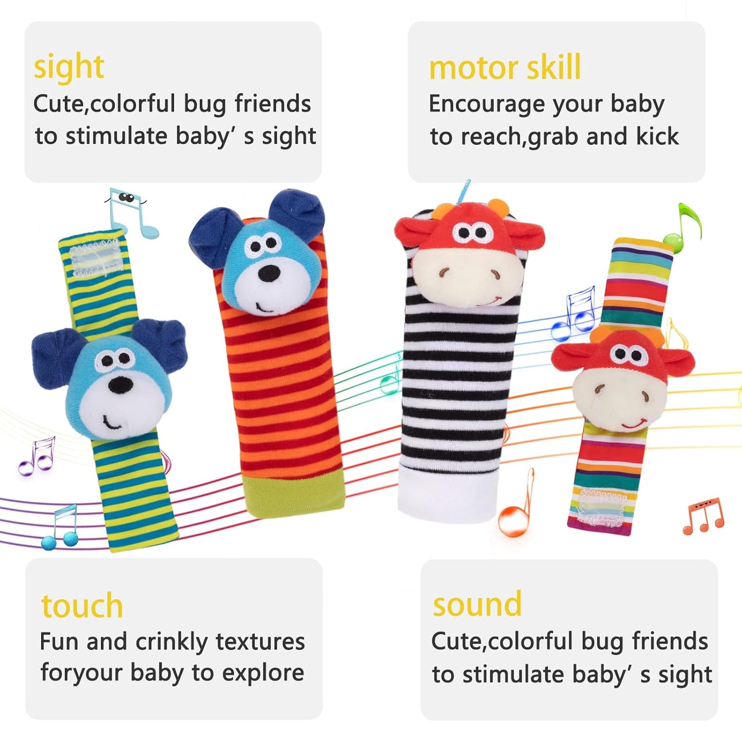 4 Pack Baby Wrist Rattles - Animal Socks Set for Toddlers 1-3, Early Learning Toys