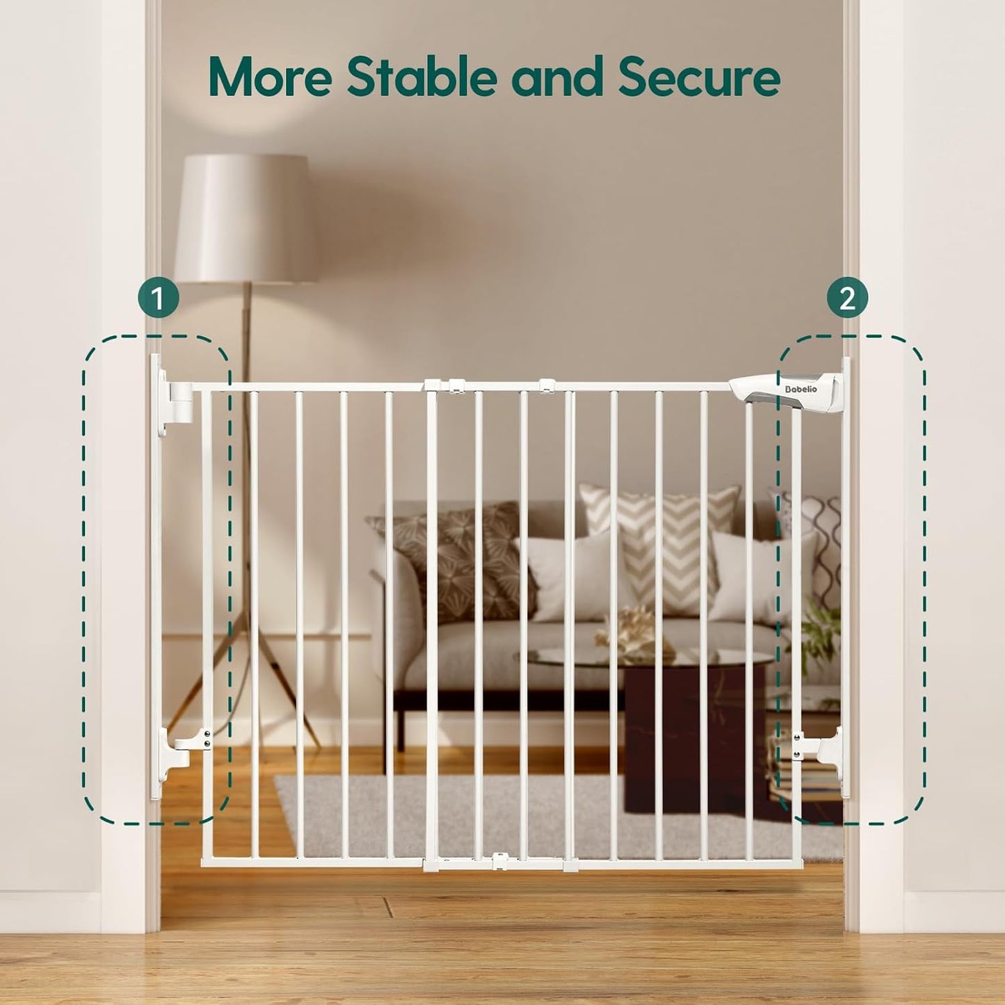 Babelio 27-45" No Bottom Bar Baby Gate with Easy Installation, 2-in-1 Auto Close Design, Suitable for The House, Stairs, and Doorways, Safety Pet Gates with Large Walk-Thru Door, White
