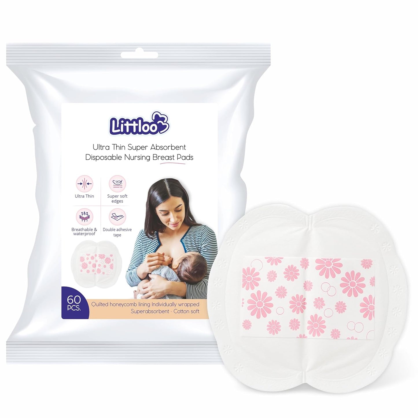 Littloo Ultra Thin Disposable Nursing Breast Pads - 60 PCS| Super Absorbent, Individually Wrapped, Leak-Proof & Soft | Lightweight, Waterproof & Breathable
