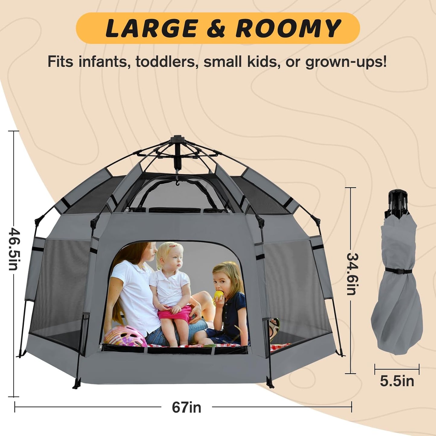 Pop Up Playpen for Babies with Canopy & Safety Lock - Outdoor Baby Playpen with 6 Ground Stakes & 6 Sand Stakes, UV Protection & Carry Bag, Instant Beach Tent for Indoor/Outdoor Use（Grey）
