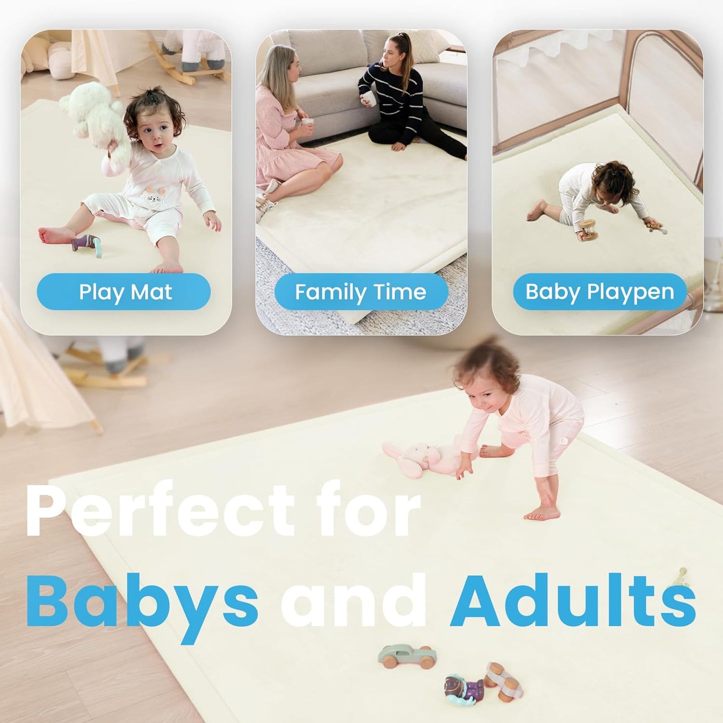 Baby Play Mat for Kids Room,Extra Thick Elasti-Foam Anti-Fall Cushion Mat for Babies,Toddlers,Infants,Water-Repellent&Non-Slip Bedroom Bedside Rugs(Ivory)