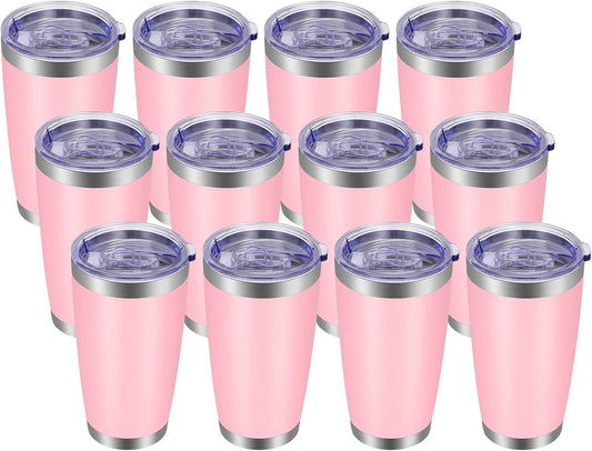 VEGOND 20oz Tumbler with Lid and Straw Stainless Steel Tumbler Cup Bulk Vacuum Insulated Double Wall Travel Coffee Mug Powder Coated Coffee Cup(Pink 12 Pack