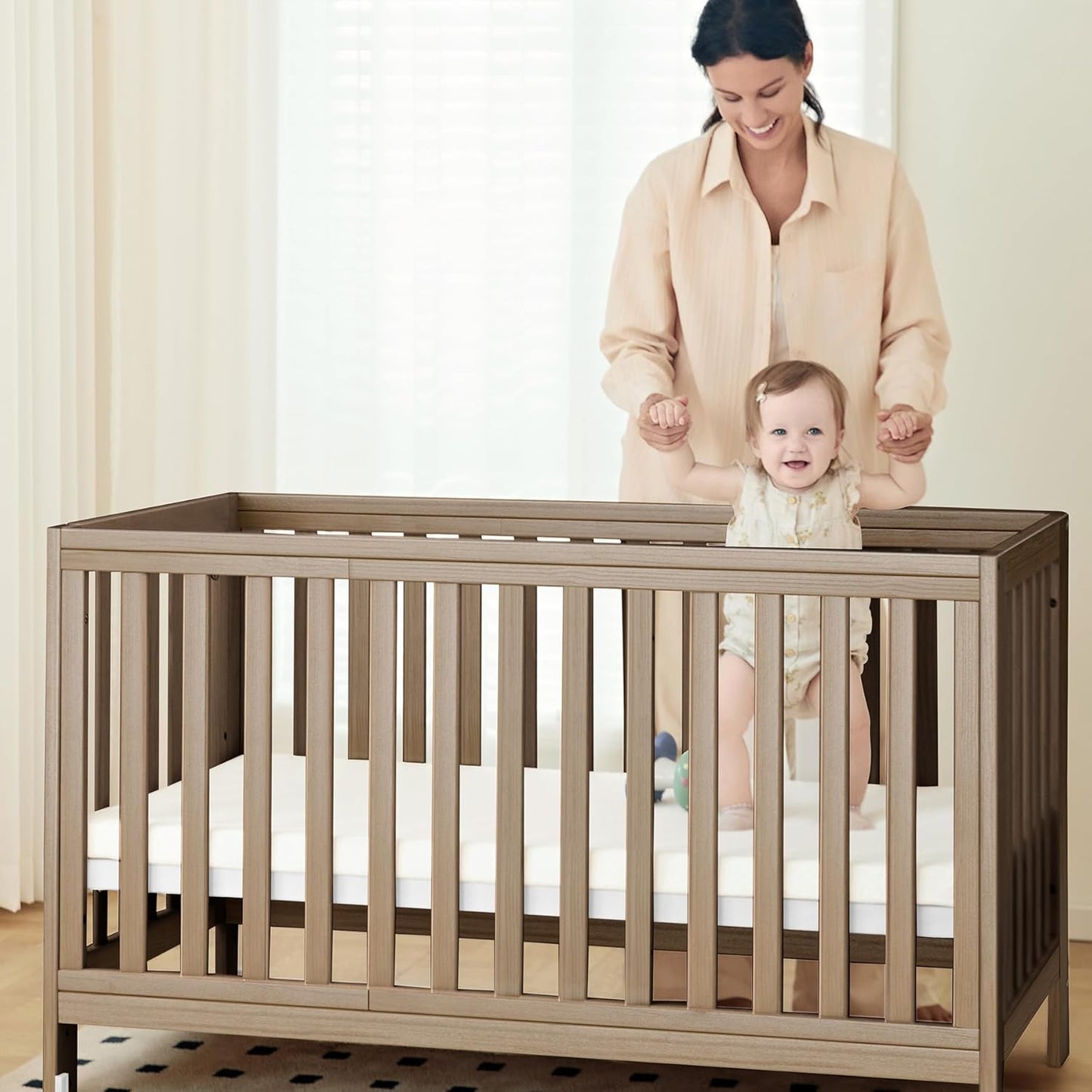 EvoNest Baby Crib, 11 in 1 Convertible Mini Crib with Wheels, 100% New Zealand Wood Growing Bed, 4 Adjustable Mattress Height ，Walnut Brown