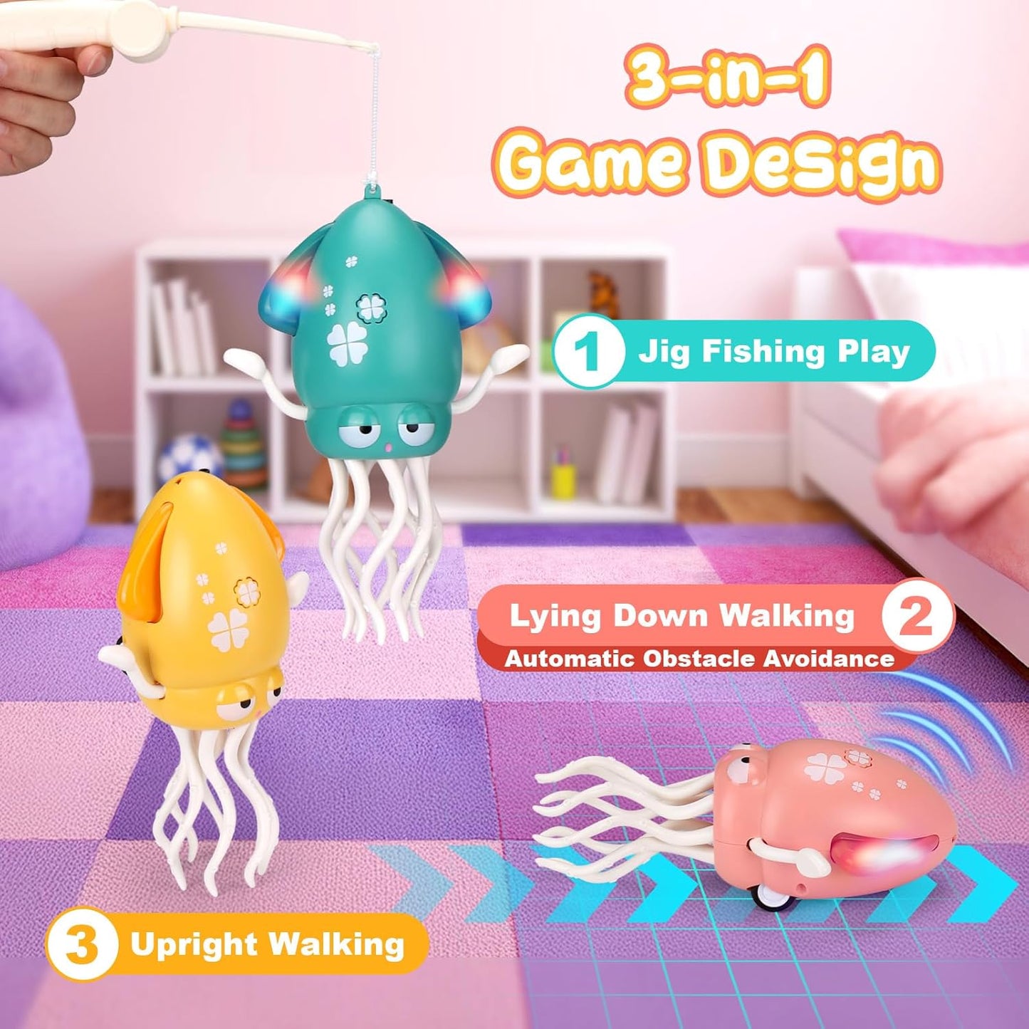 Magic Electric Dancing Octopus Toy with Led Light and Music,Playful Automatic Evasion Crawling Dancing Octopus with Fishing Rod,Smart Tentacle Explorer Dancing Squid Toy Tummy Time Baby Toys,Yellow