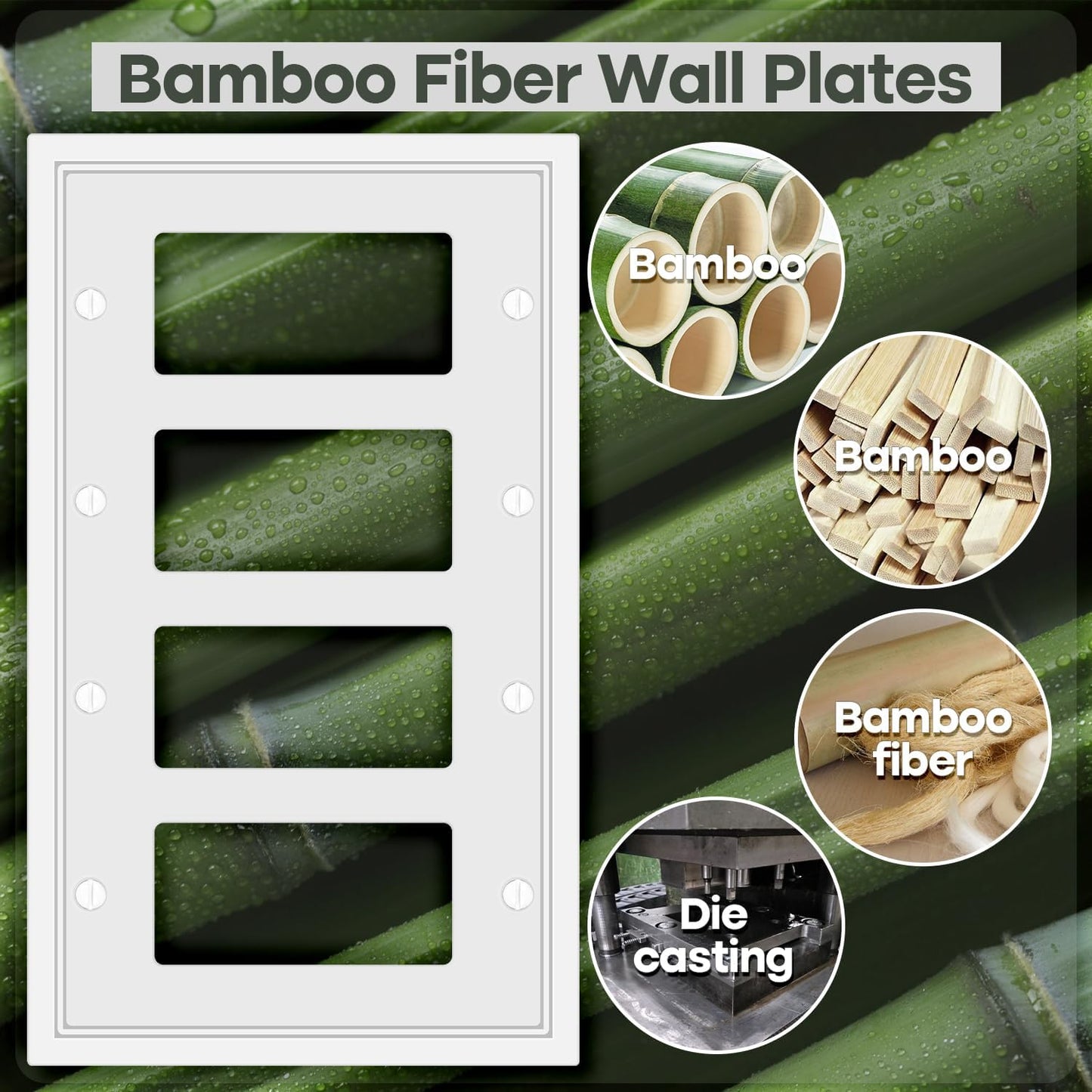 Light Switch Cover Plate White Classic Decorative Switch Plates Cover Bamboo Fiber Wall Plate Cover for Decorator, Duplex, Toggle, Combo(4-Gang Quad Decorator,1 Pack), NF010