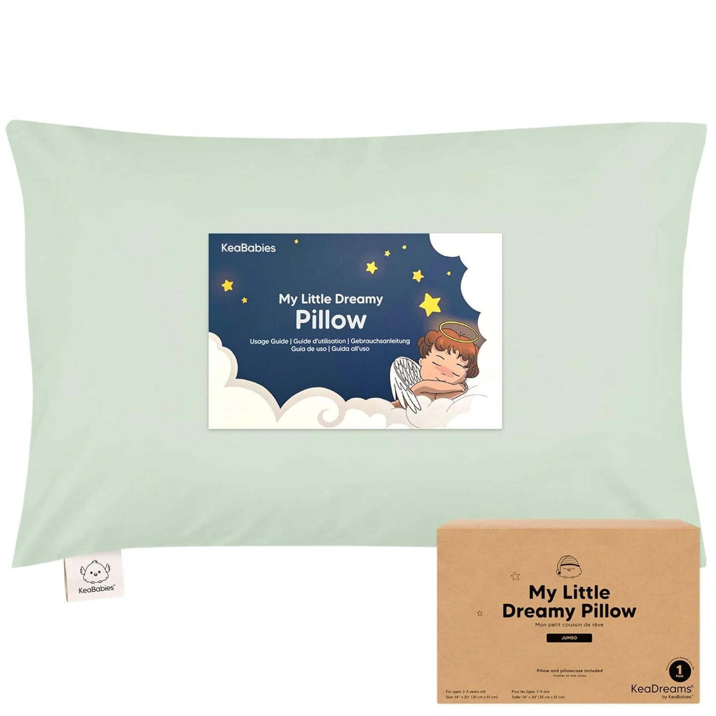 KeaBabies Toddler Pillow with Pillowcase, Jumbo 14X20 - Soft Organic Cotton Toddler Pillows for Sleeping - Machine Washable - Perfect for Travel, Toddler Bed Set (Sage)