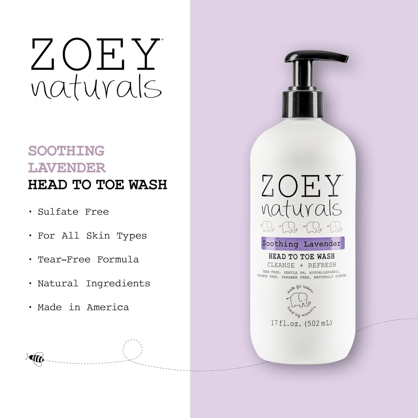 Zoey Naturals - Soothing Lavender Wash & Shampoo - Toddlers & Kids - With Tear-free, Paraben-Free, All Natural Ingredients for Sensitive Skin- 17 Oz