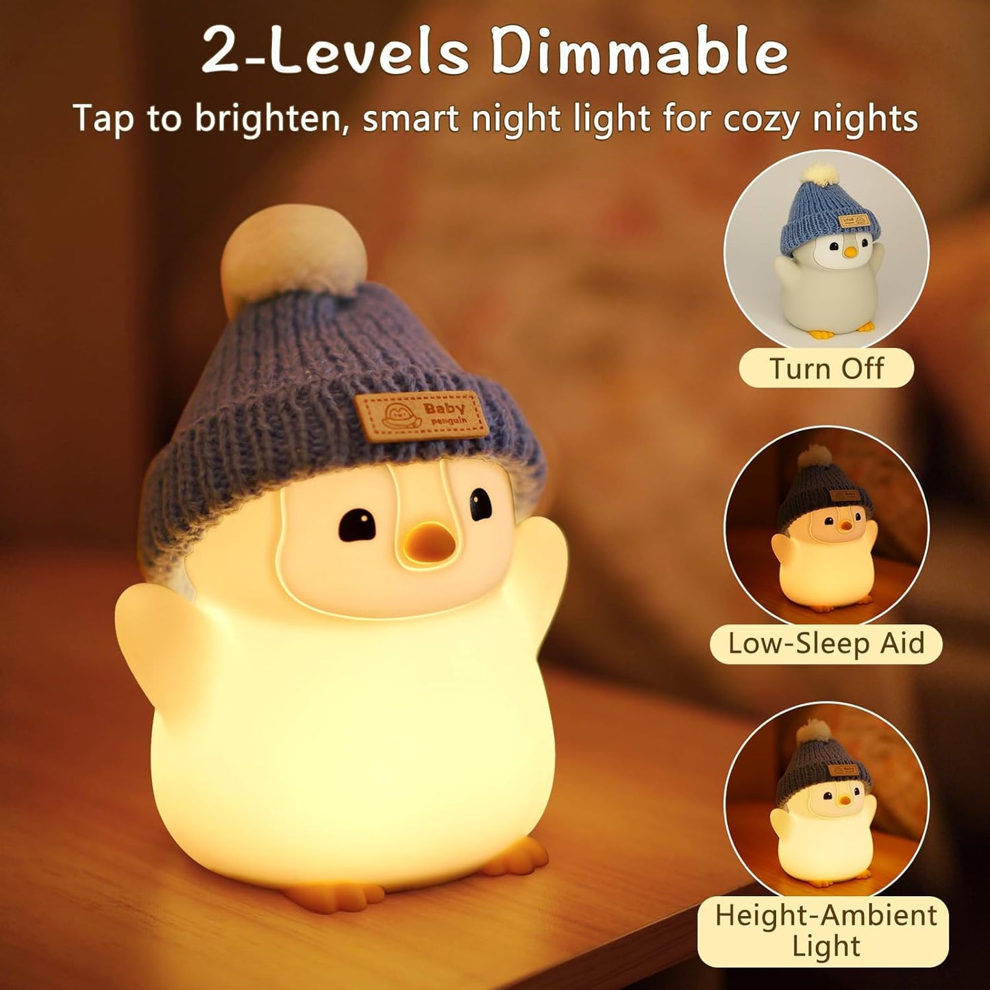Penguin Night Light for Kids, Adorable Penguin Lamp with Hat, Food Grade Silicone Nursery Nightlight, Rechargeable/Dimmable/Timer,LED Squishy Novelty Animal Bedside Lamp,Funny Gifts for Boys