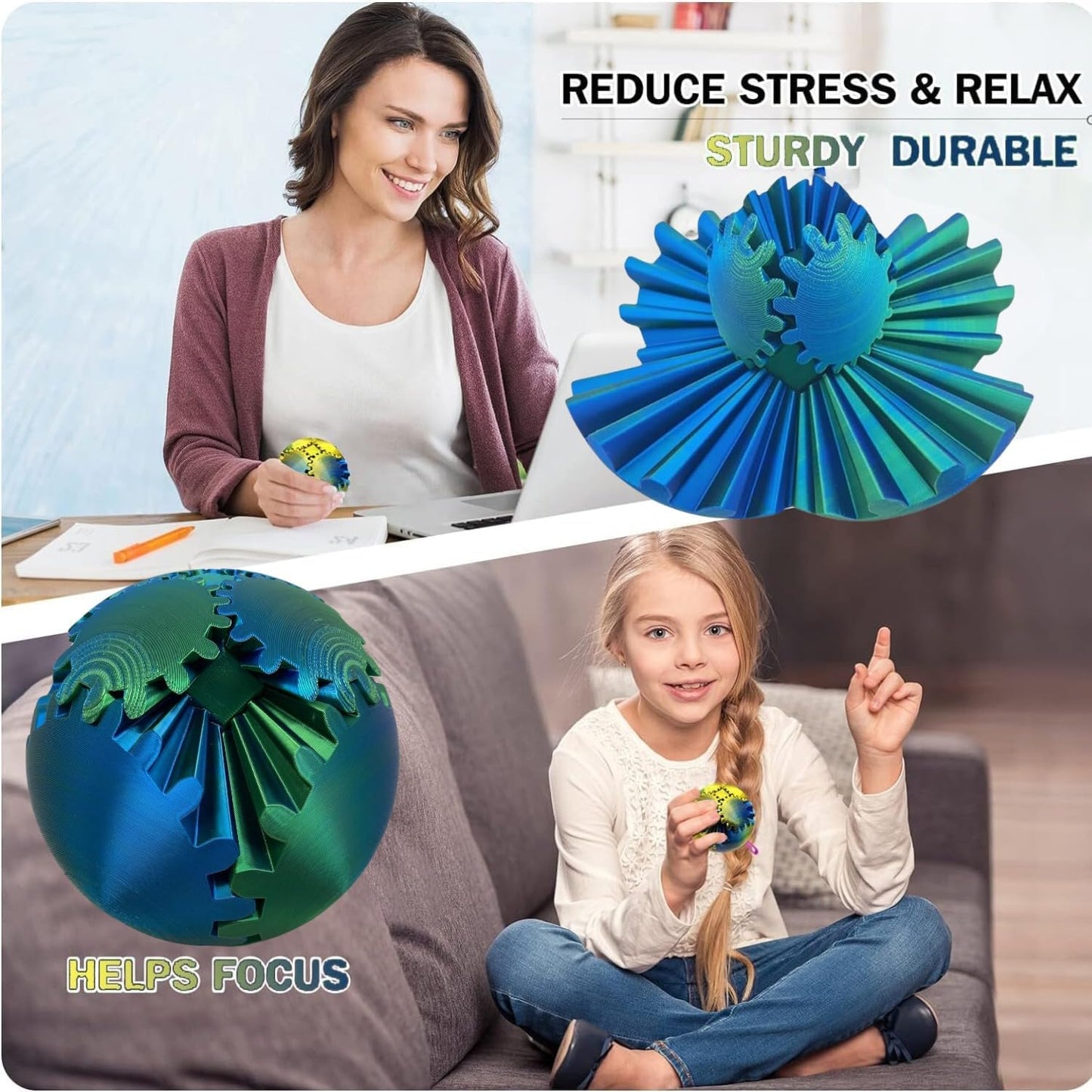 Gear Ball, 4.2in 3D Printed Gear Ball Spin Ball Cube Fidget Toys, Gear Sphere, Gear Ball Fidget Toy, Stress Ball, GearSphere Desk Toy, Fidget Balls, Gear Toy for Anxiety Relaxing (Laser Green Blue)