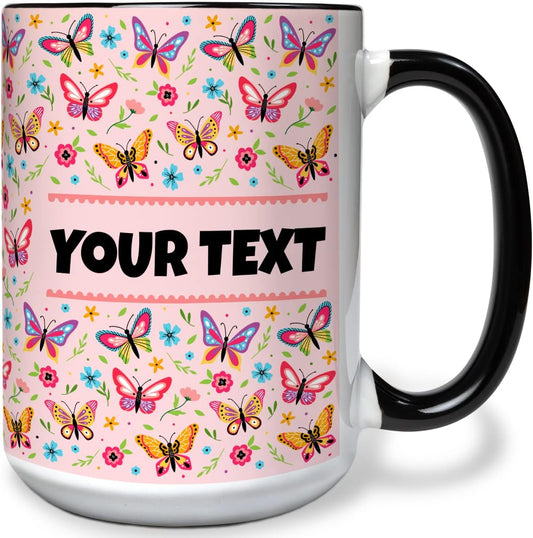 Personalized Mug for Kids - Butterflies - Custom Name/Text, Ceramic Hot Chocolate/Cocoa/Coffee Cup for Girls, Birthday/Christmas/Holiday Gift - 15 oz, Black Handle
